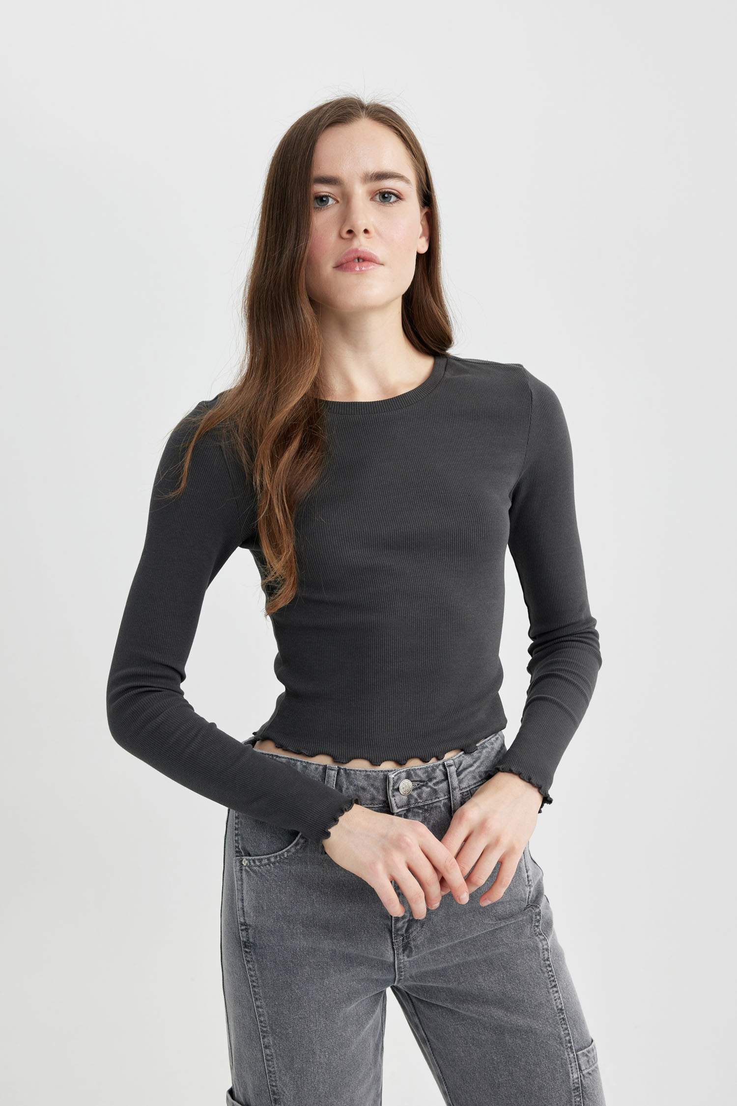 Fitted Bisiklet Yaka Fitilli Kaşkorse Uzun Kollu Tişört