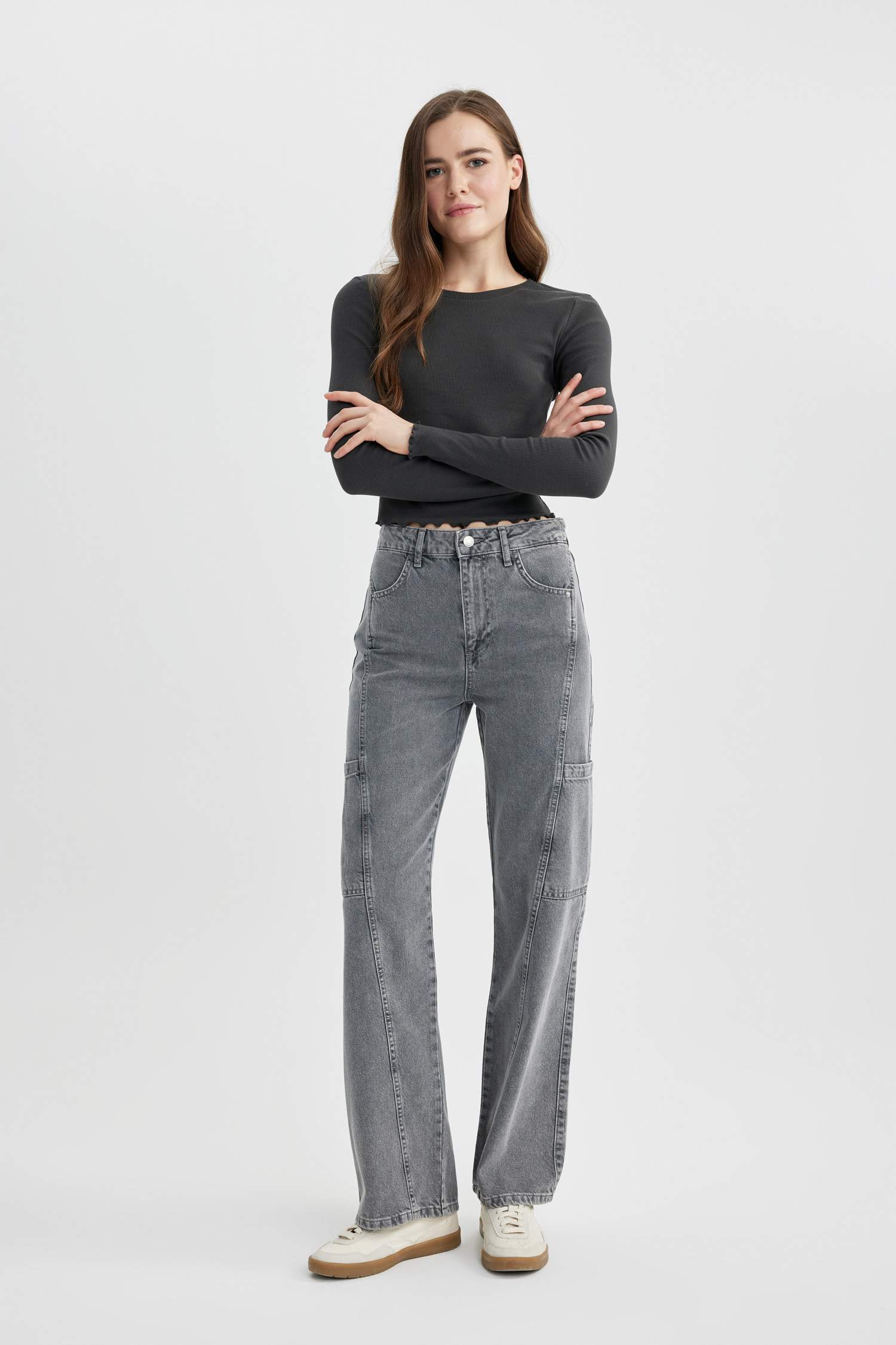 Fitted Bisiklet Yaka Fitilli Kaşkorse Uzun Kollu Tişört