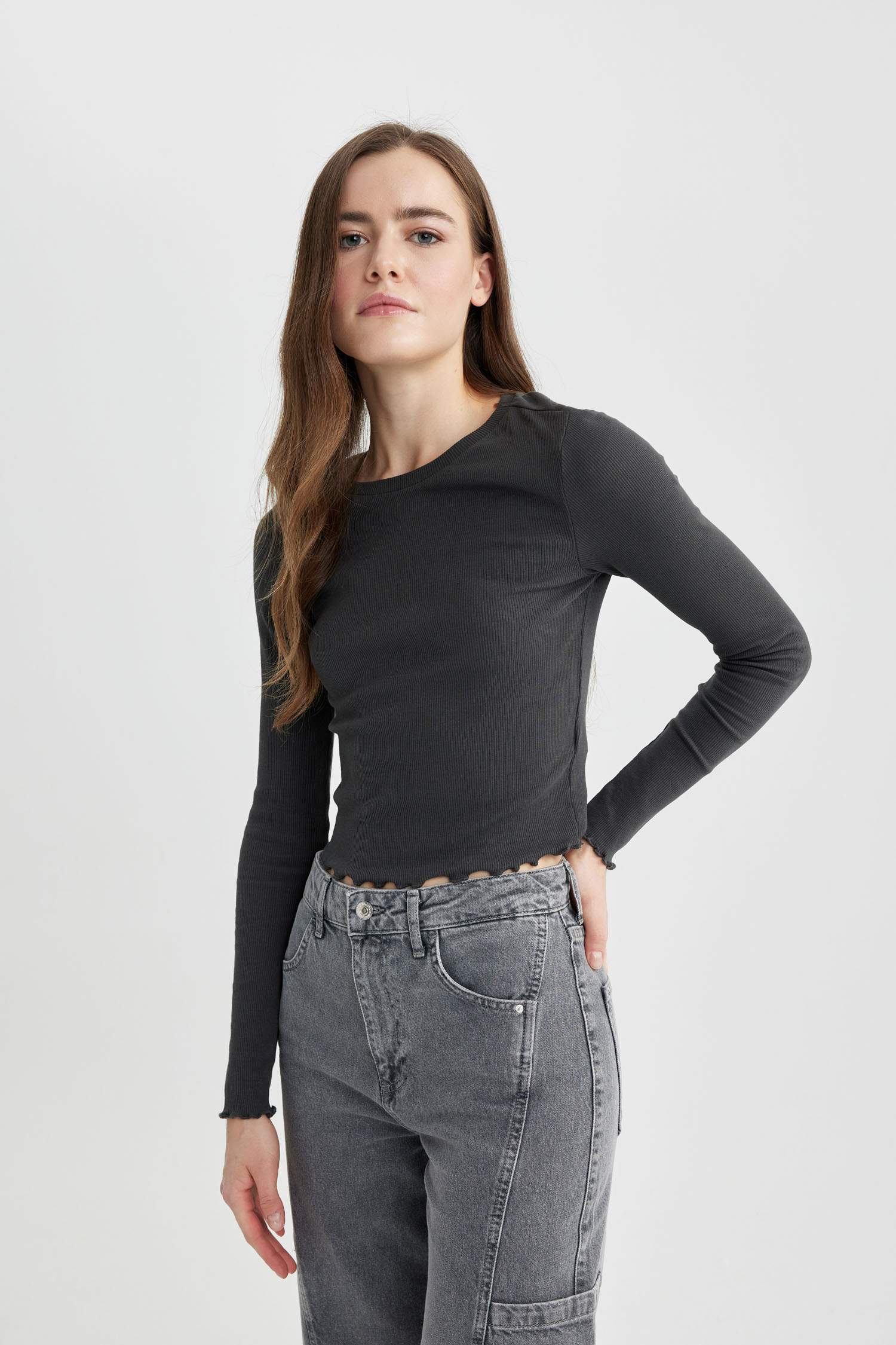 Fitted Bisiklet Yaka Fitilli Kaşkorse Uzun Kollu Tişört