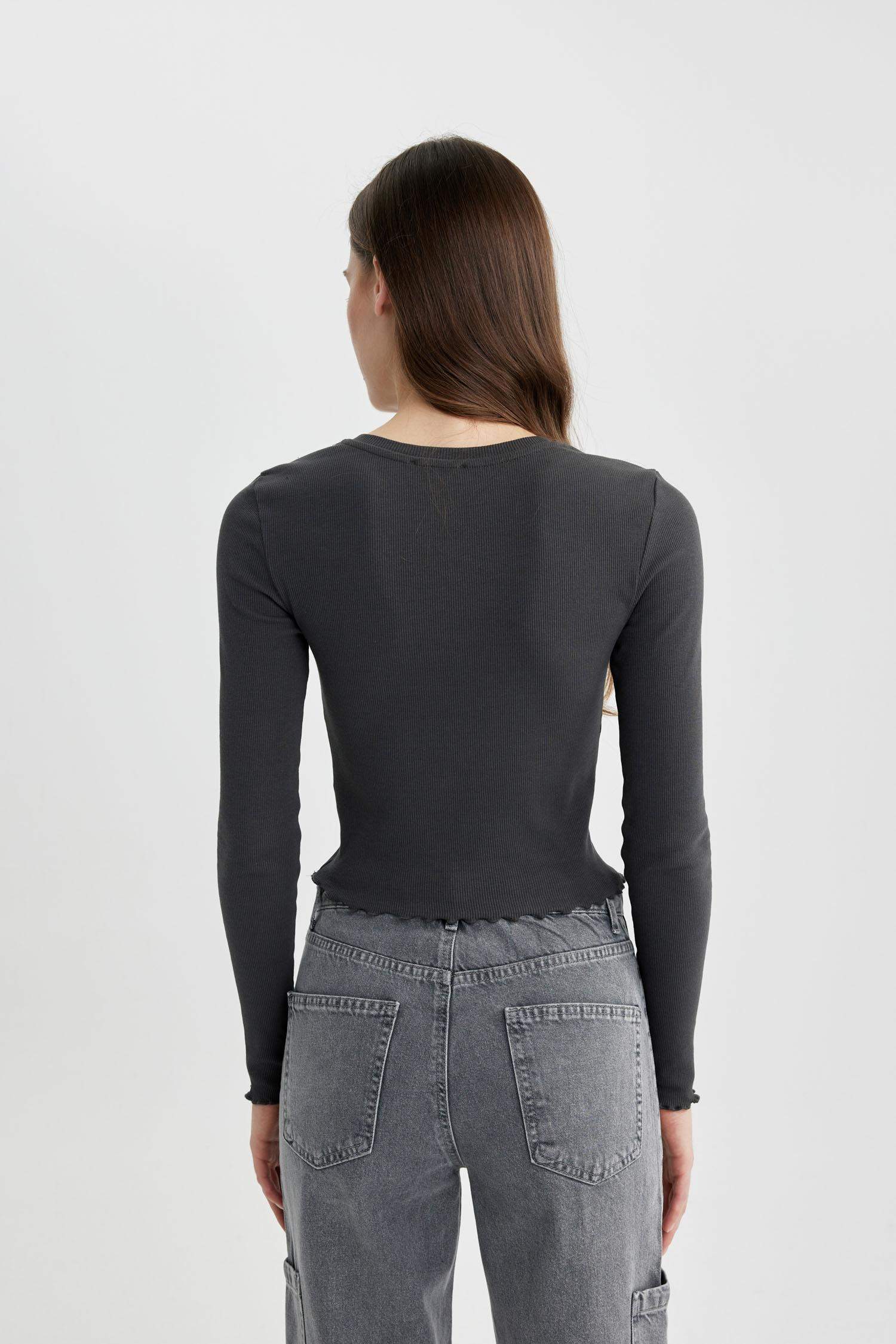 Fitted Bisiklet Yaka Fitilli Kaşkorse Uzun Kollu Tişört