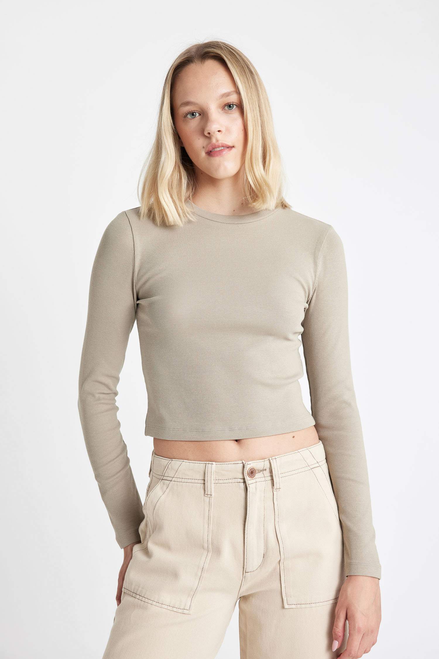 Fitted Crew Neck Corduroy Basic Long Sleeve T-Shirt