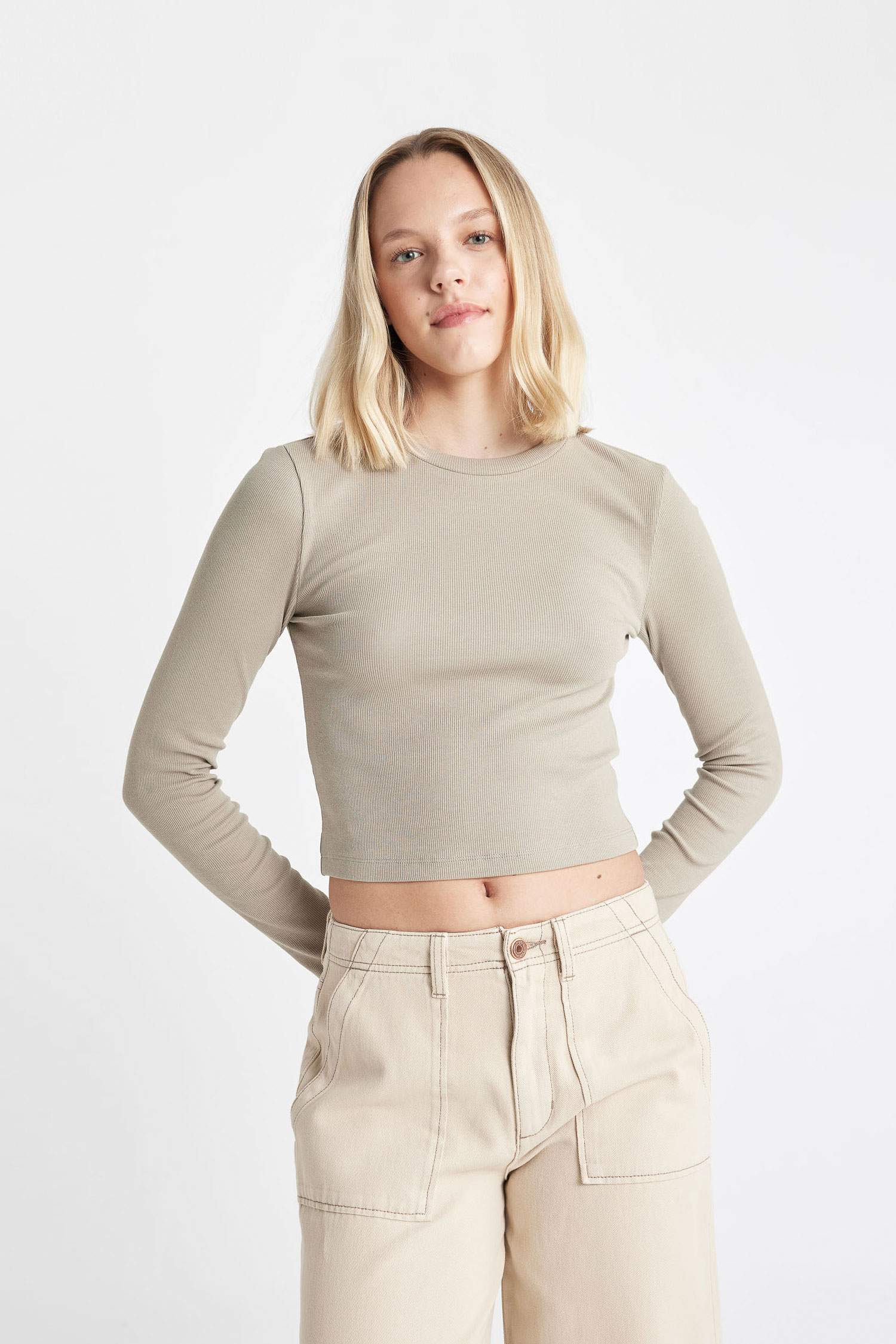 Fitted Crew Neck Corduroy Basic Long Sleeve T-Shirt