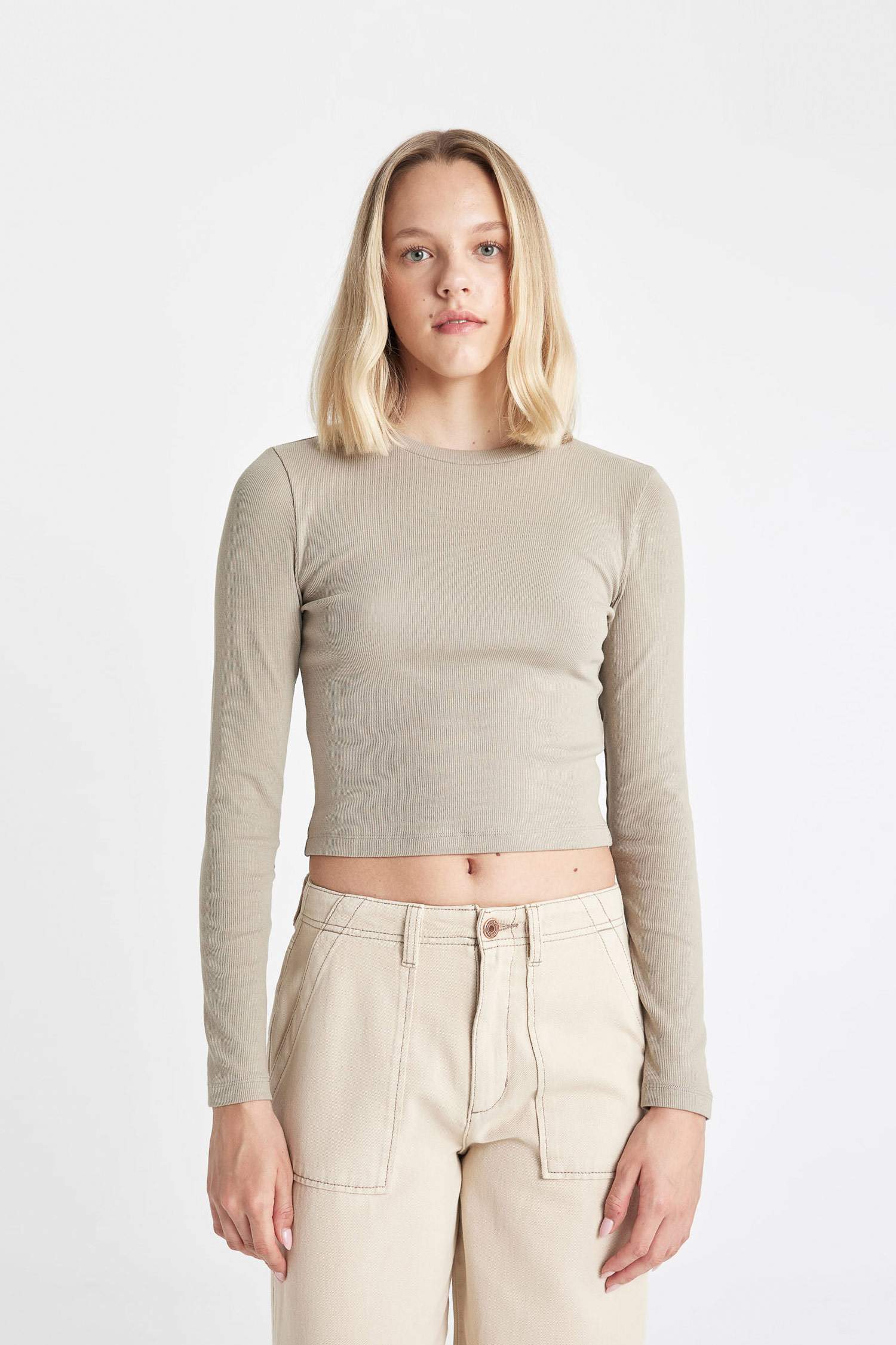 Fitted Crew Neck Corduroy Basic Long Sleeve T-Shirt