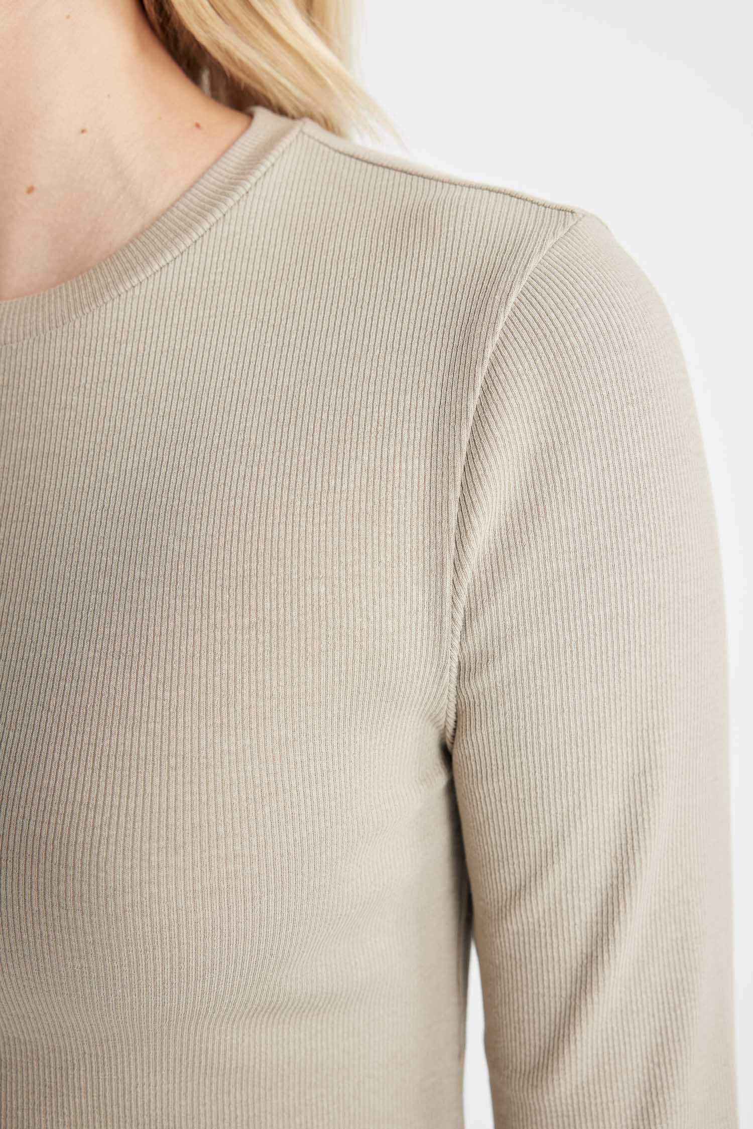 Fitted Crew Neck Corduroy Basic Long Sleeve T-Shirt