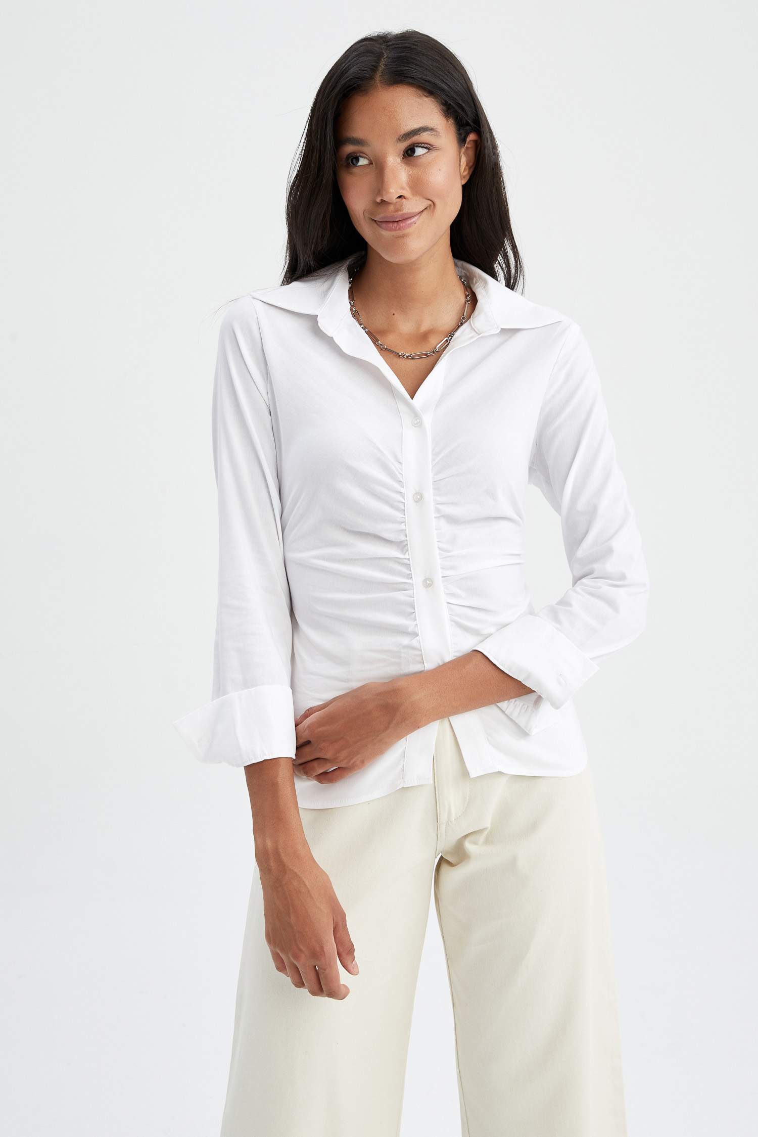 White WOMEN Slim Fit Long Sleeve Shirt 2677194 DeFacto