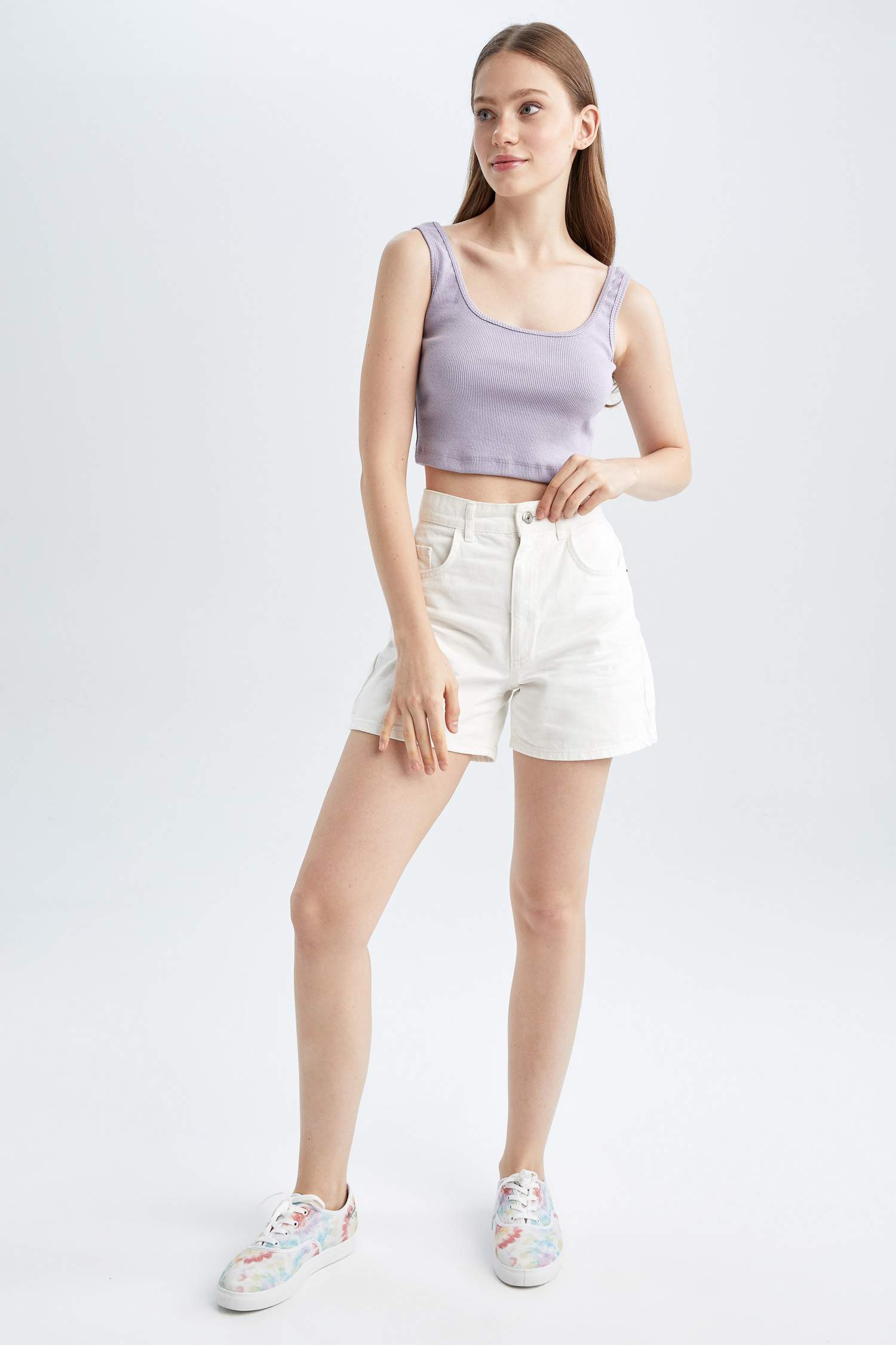 Coool Fitted Basic Square Collar Rib Crop Singlet