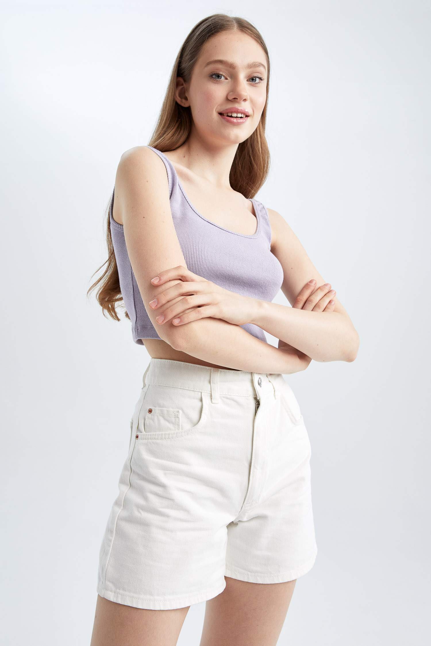 Coool Fitted Basic Square Collar Rib Crop Singlet