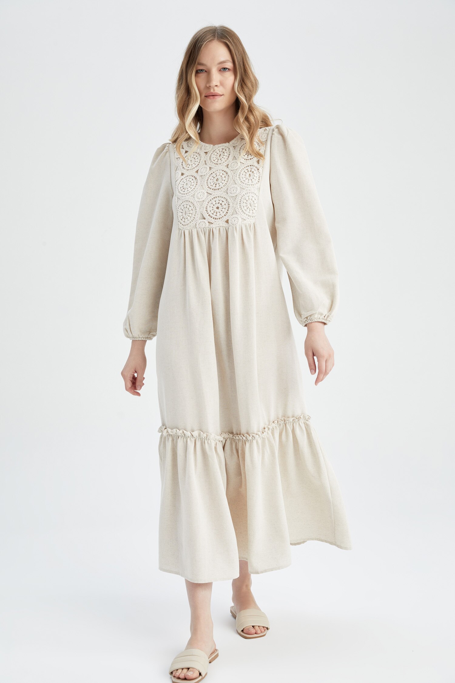 Maxis Crew Beige WOMAN A-Line Crew Neck Linen Blend Long Balloon Sleeve Maxi Dress ...