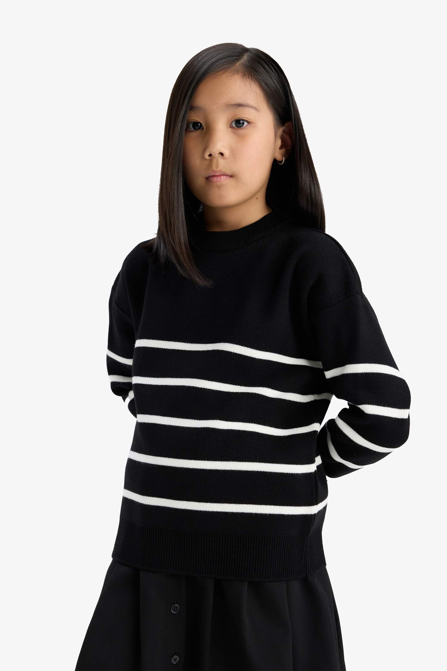 Kız Çocuk Bisiklet Yaka Çizgili Triko Kazak