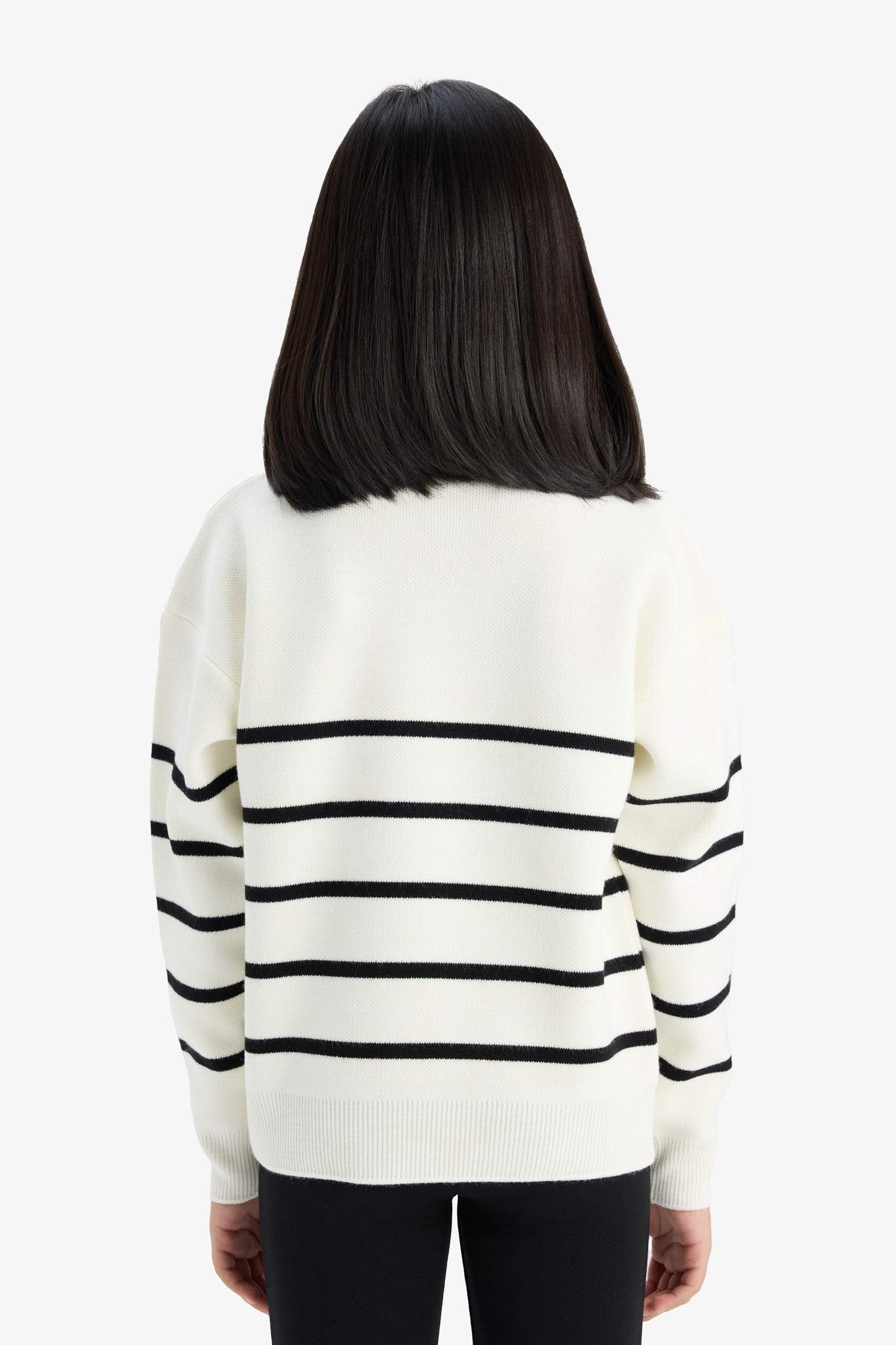 Kız Çocuk Bisiklet Yaka Çizgili Triko Kazak 