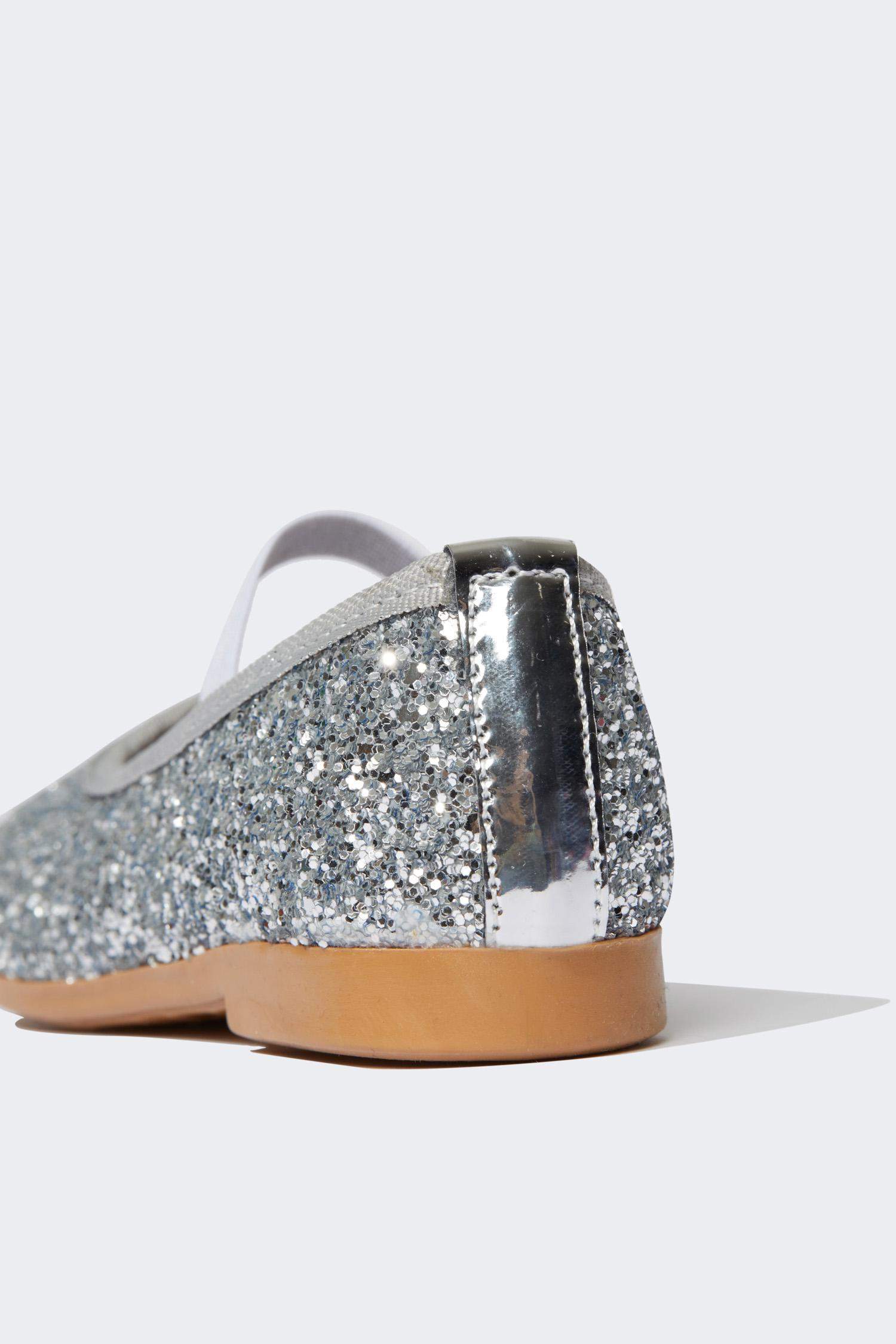 Kız Çocuk Düz Taban Tek Bantlı Suni Deri Simli Gümüş Babet