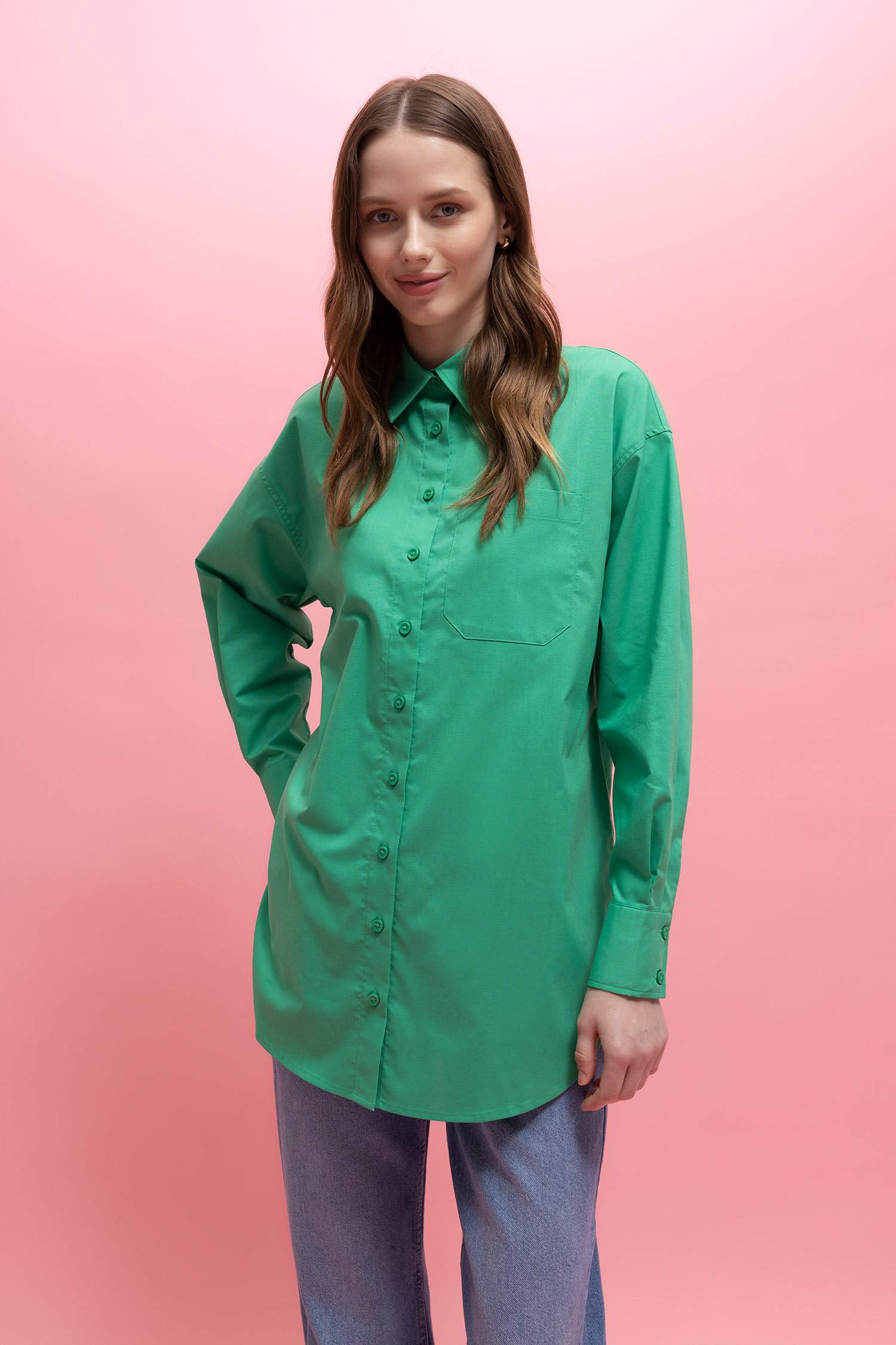 Relax Fit Poplin Shirt Collar Long Sleeve Tunic