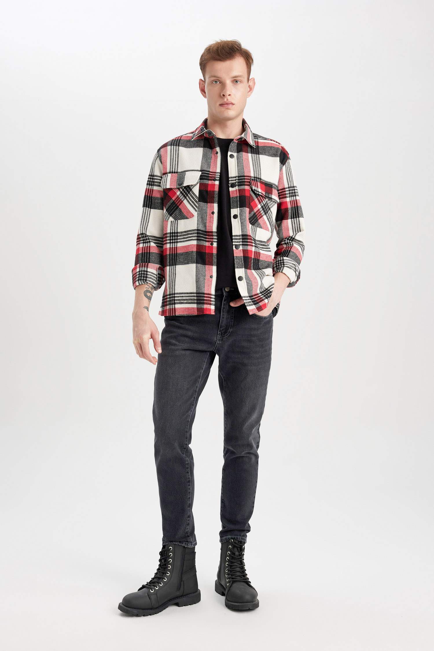 Relax Fit Polo Collar Plaid Lumberjack Flannel Cotton Shirt