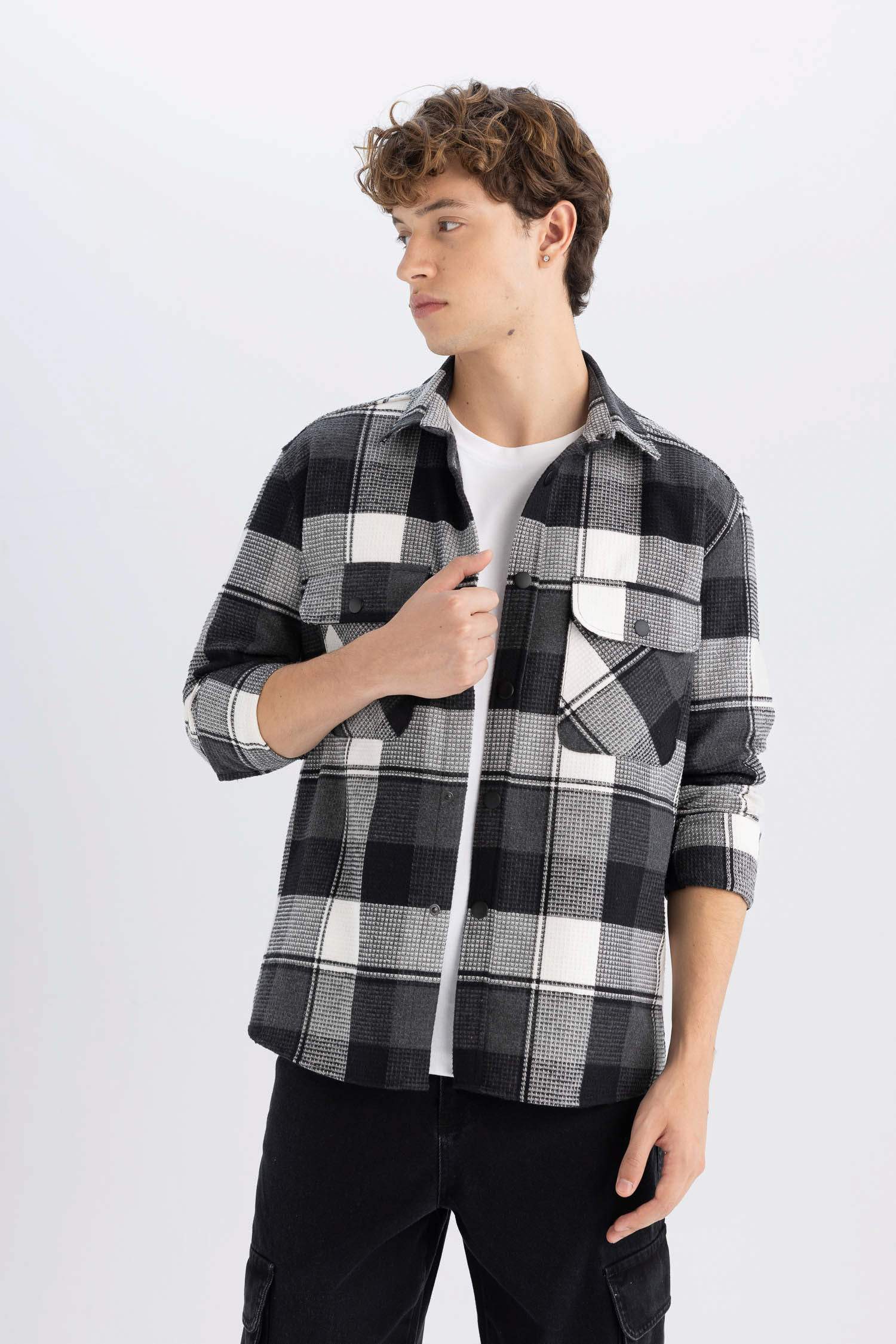 Relax Fit Waffle Kareli Oduncu Flanel Pamuklu Uzun Kollu Gömlek