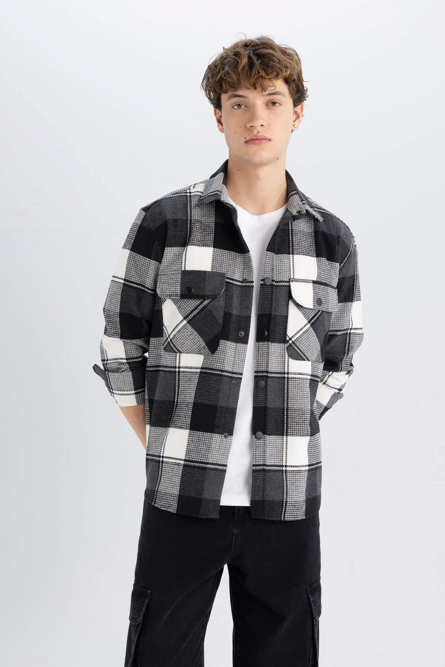 Relax Fit Waffle Kareli Oduncu Flanel Pamuklu Uzun Kollu Gömlek