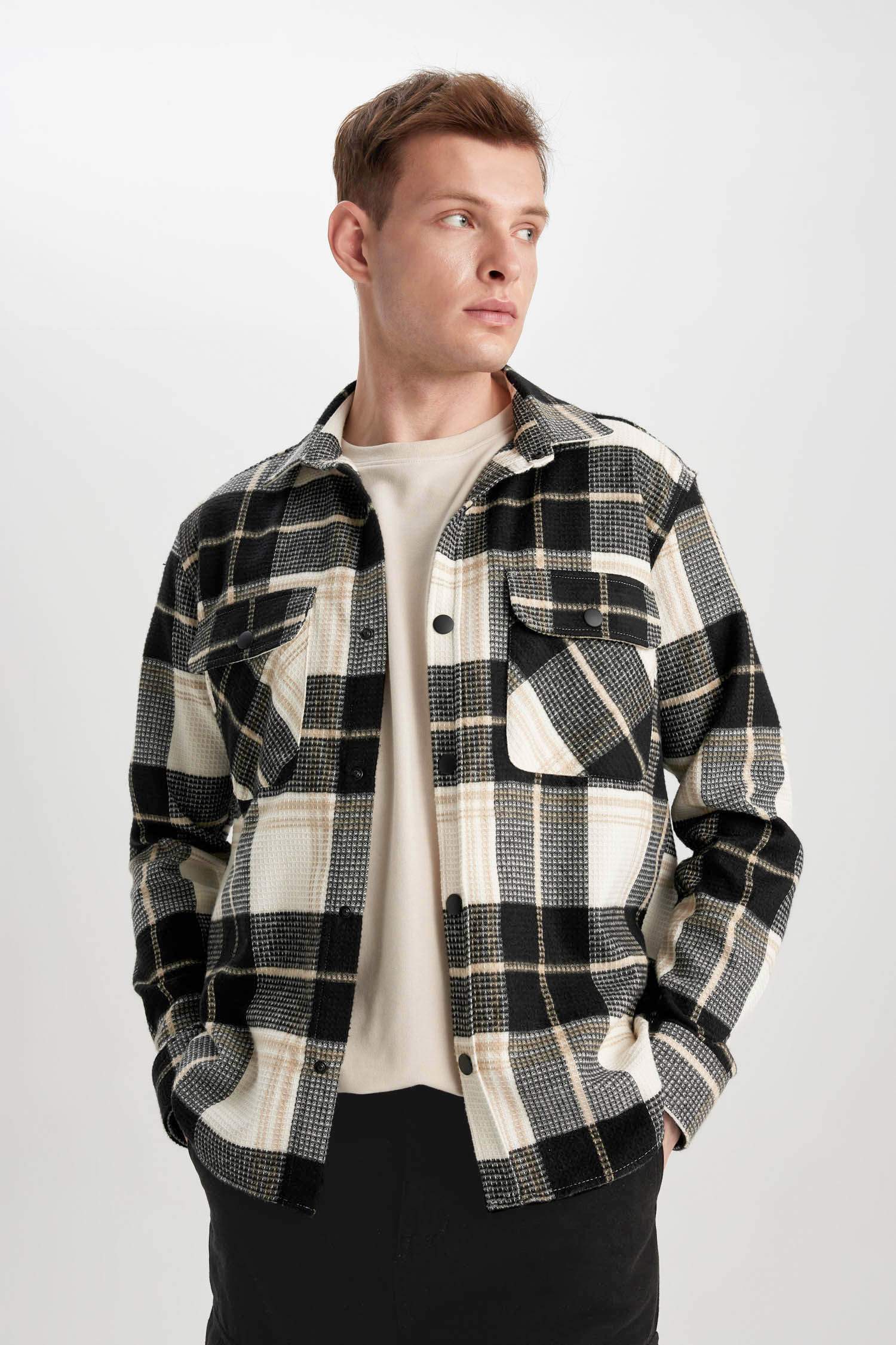 قميص كاروهات قطن قصة مريحة ردن طويل