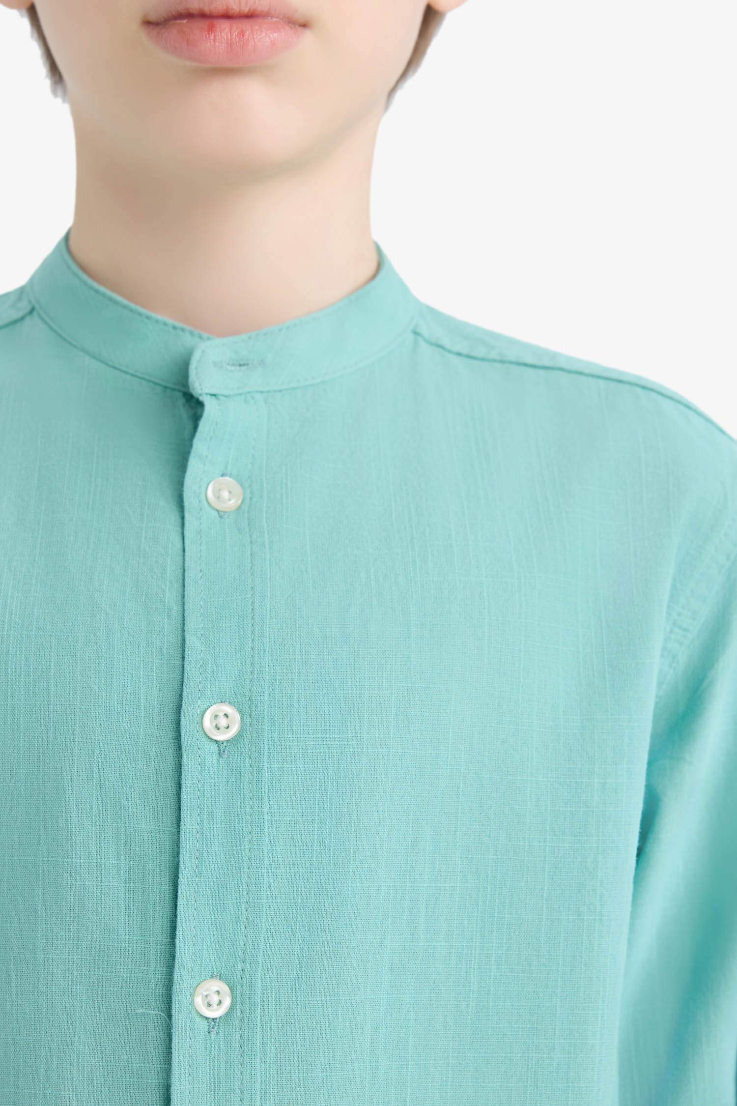 قميص اولادي كتاني قصة عادية برقبة عالية