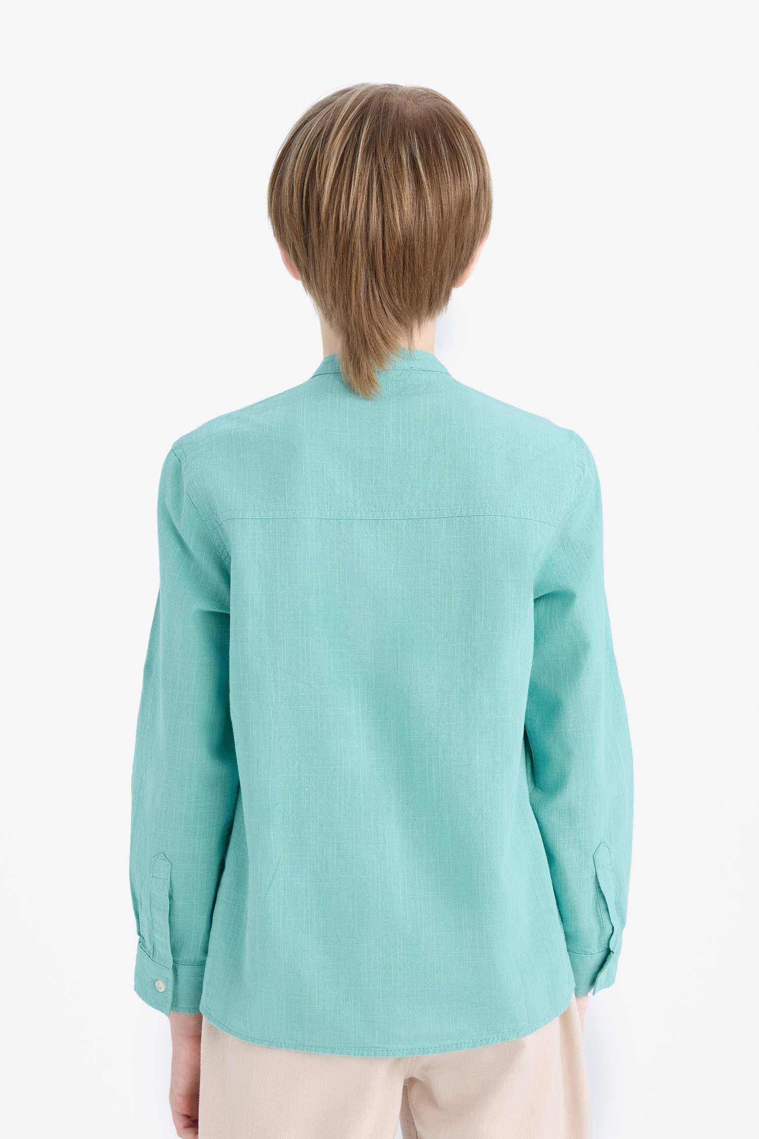 قميص اولادي كتاني قصة عادية برقبة عالية