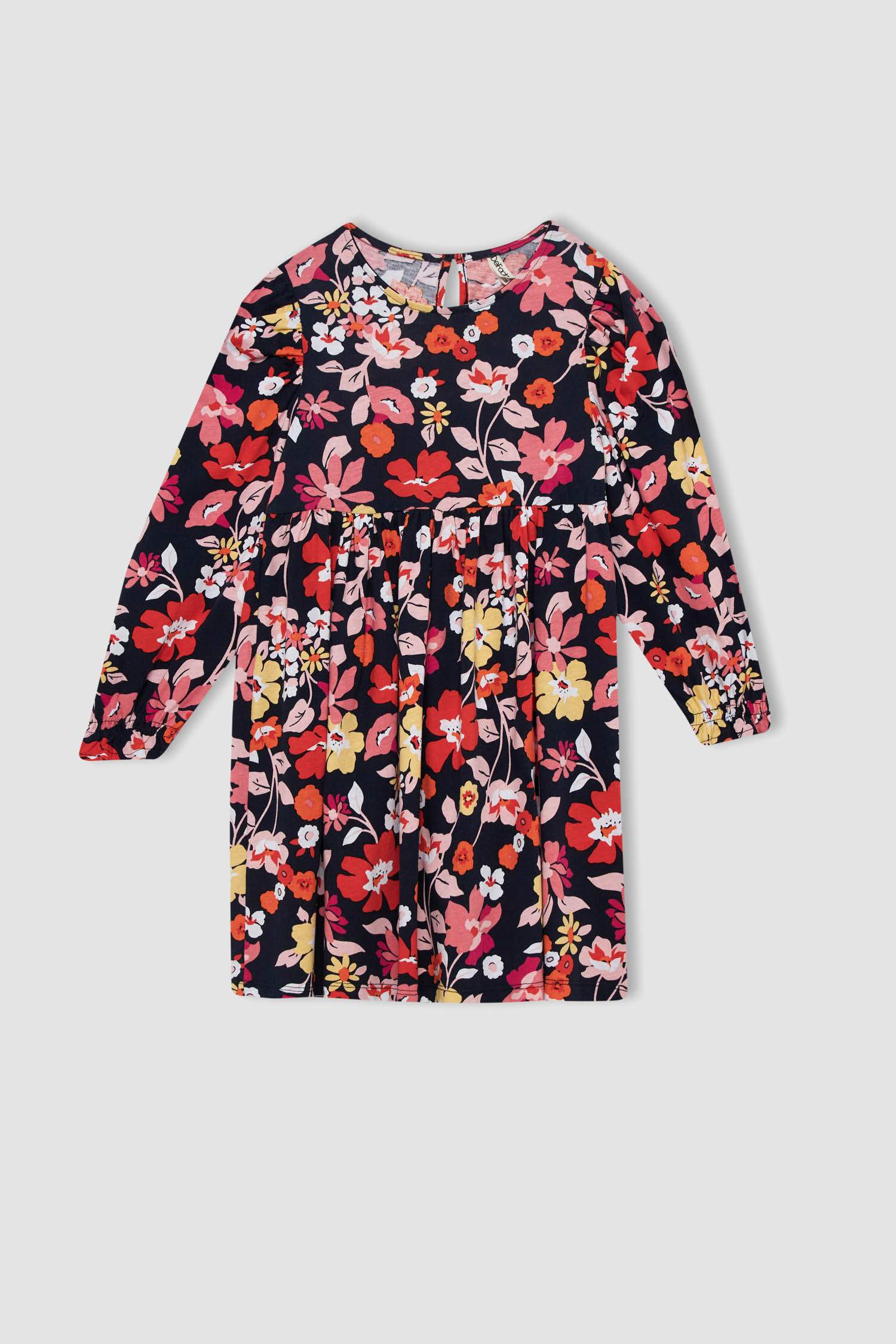 فستان بناتي فلورال كم طويل وياقة مستديرة