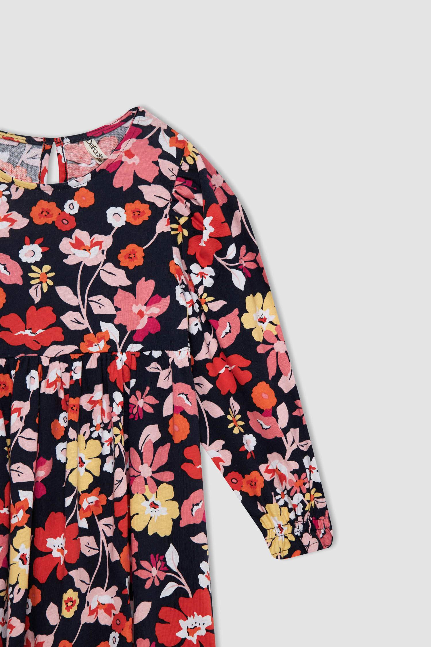 فستان بناتي فلورال كم طويل وياقة مستديرة