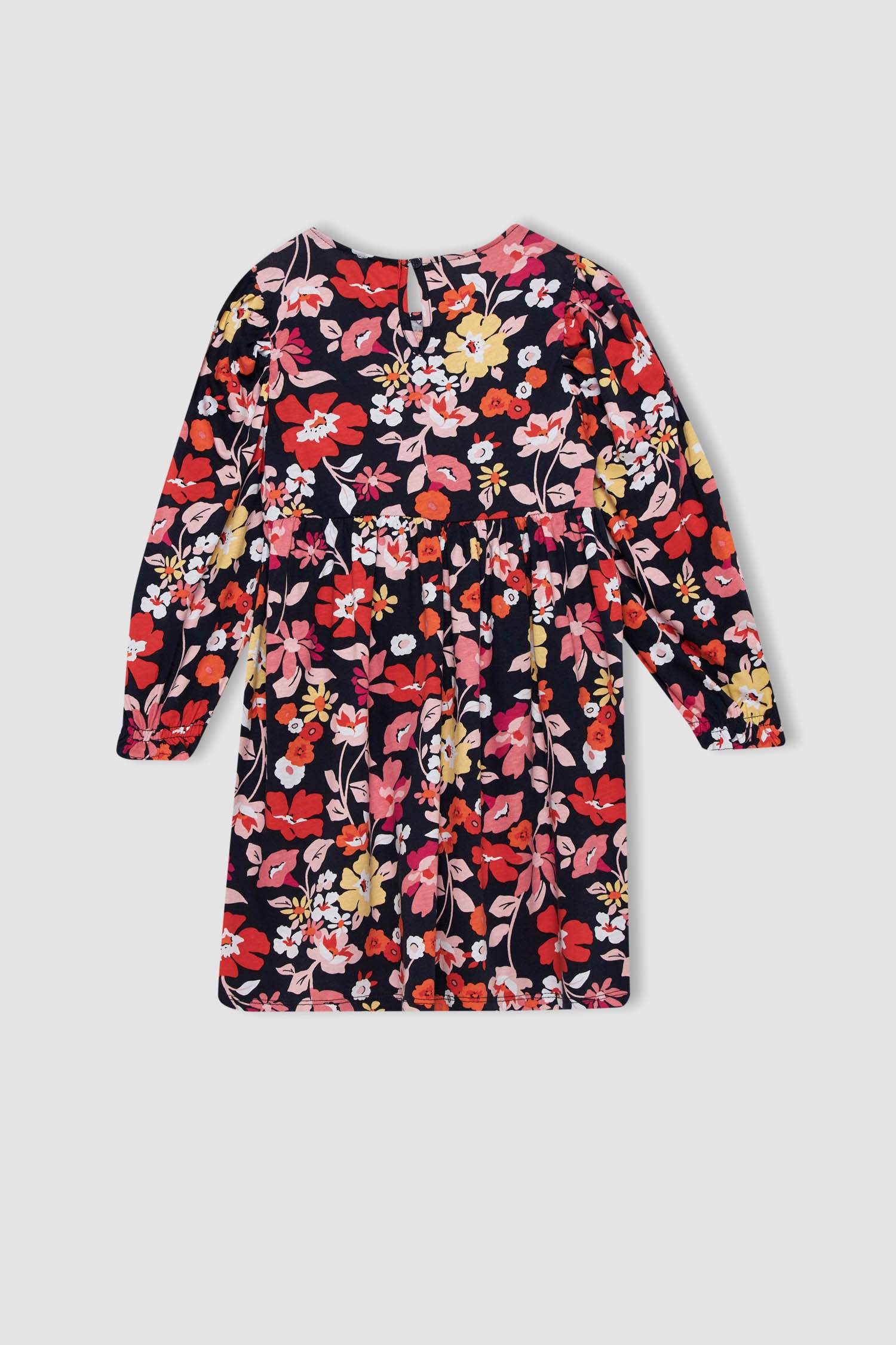 فستان بناتي فلورال كم طويل وياقة مستديرة