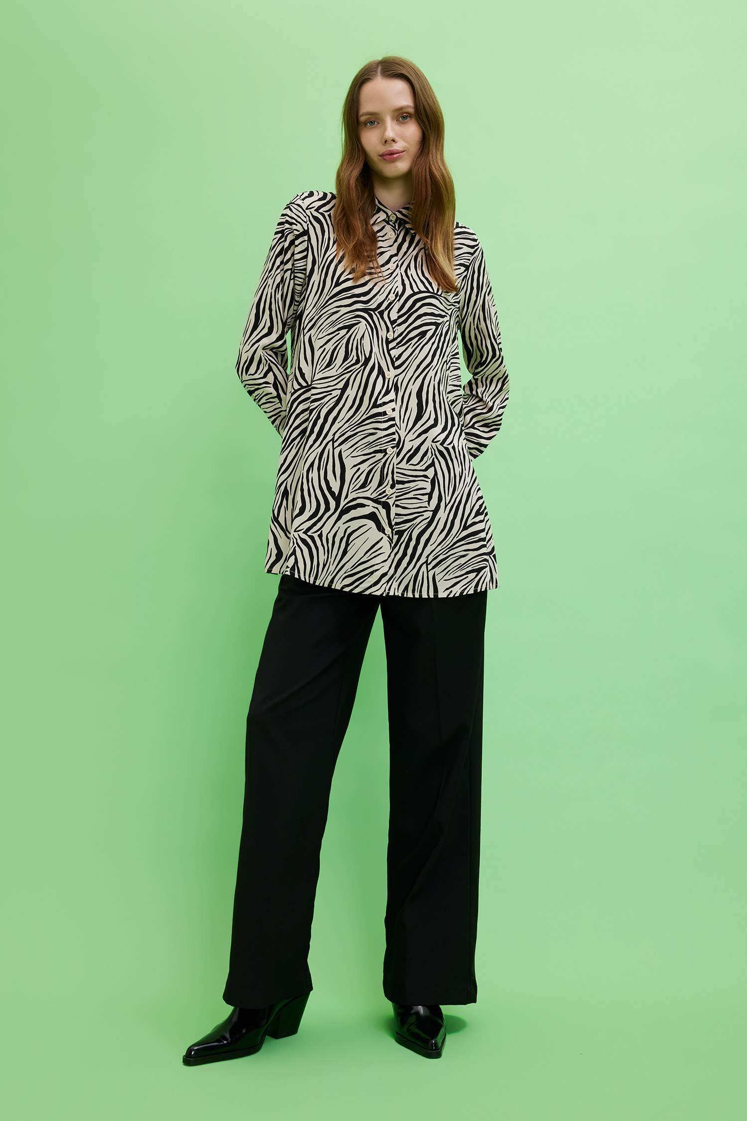 Regular Fit Shirt Collar Printed Long Sleeve Tunic