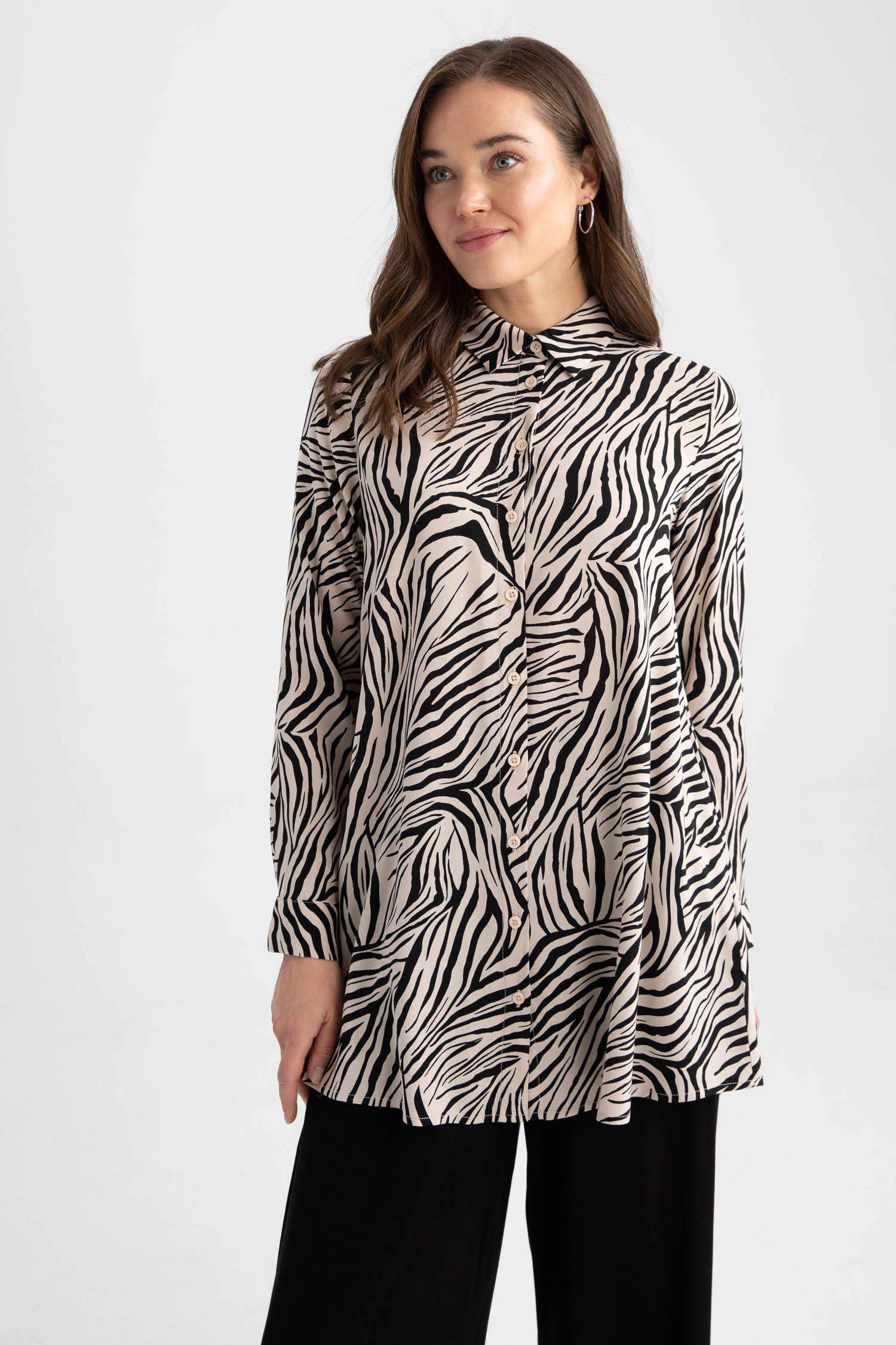 Regular Fit Shirt Collar Printed Long Sleeve Tunic