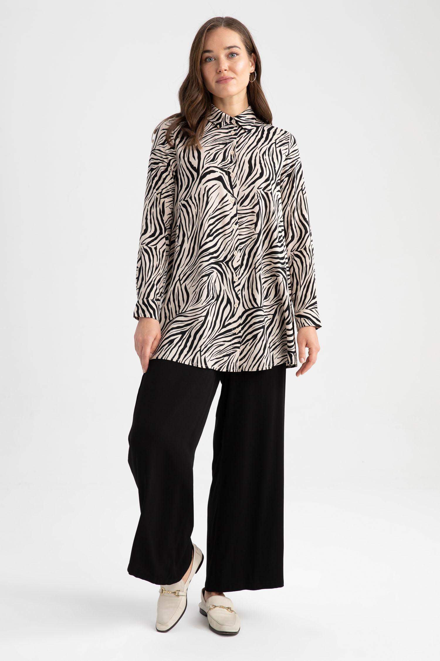 Regular Fit Shirt Collar Printed Long Sleeve Tunic