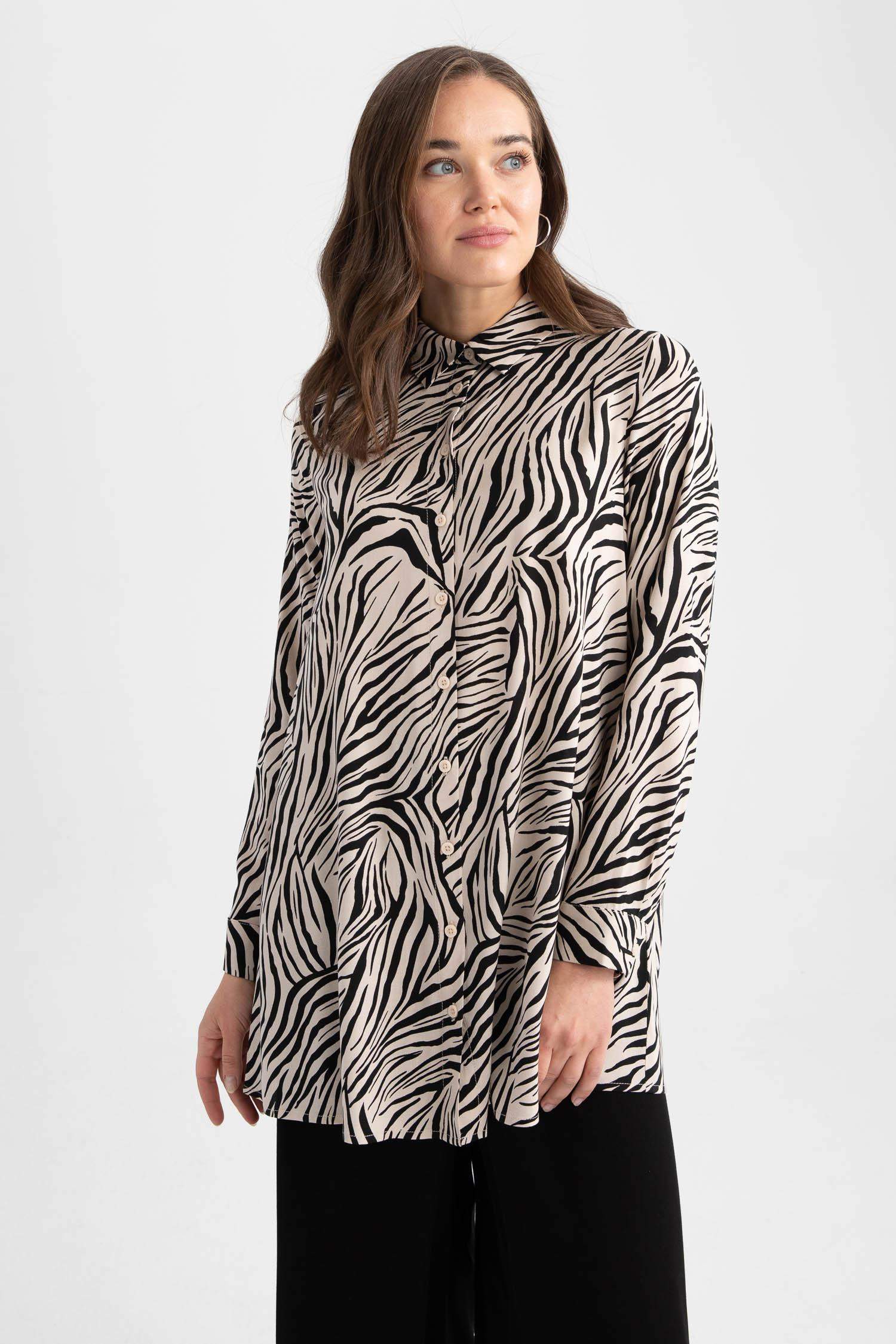 Regular Fit Shirt Collar Printed Long Sleeve Tunic