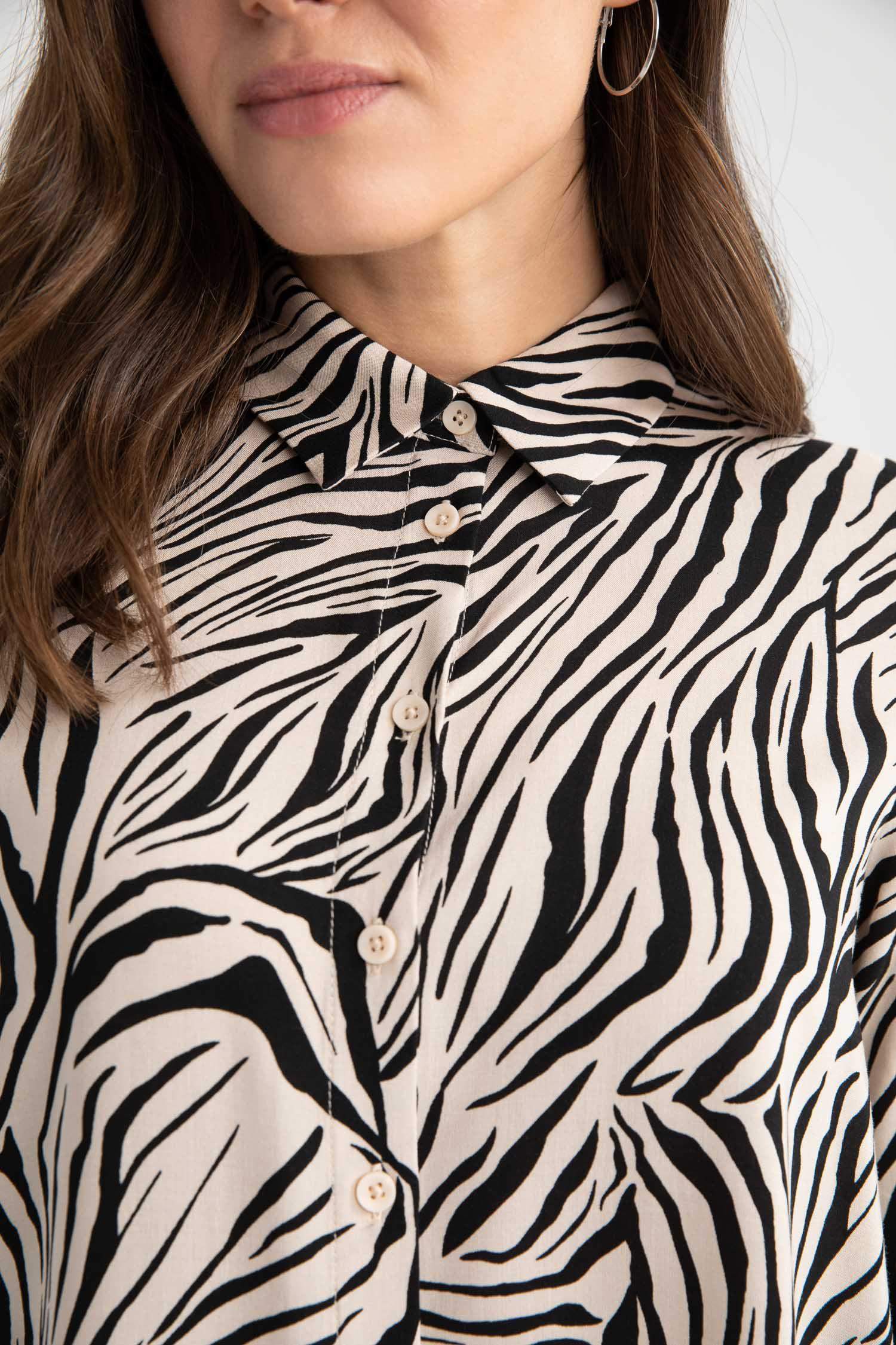 Regular Fit Shirt Collar Printed Long Sleeve Tunic