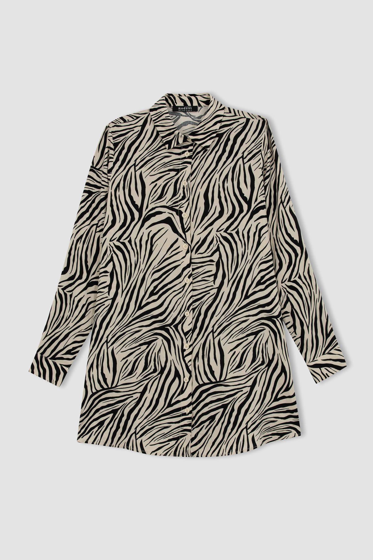 Regular Fit Shirt Collar Printed Long Sleeve Tunic