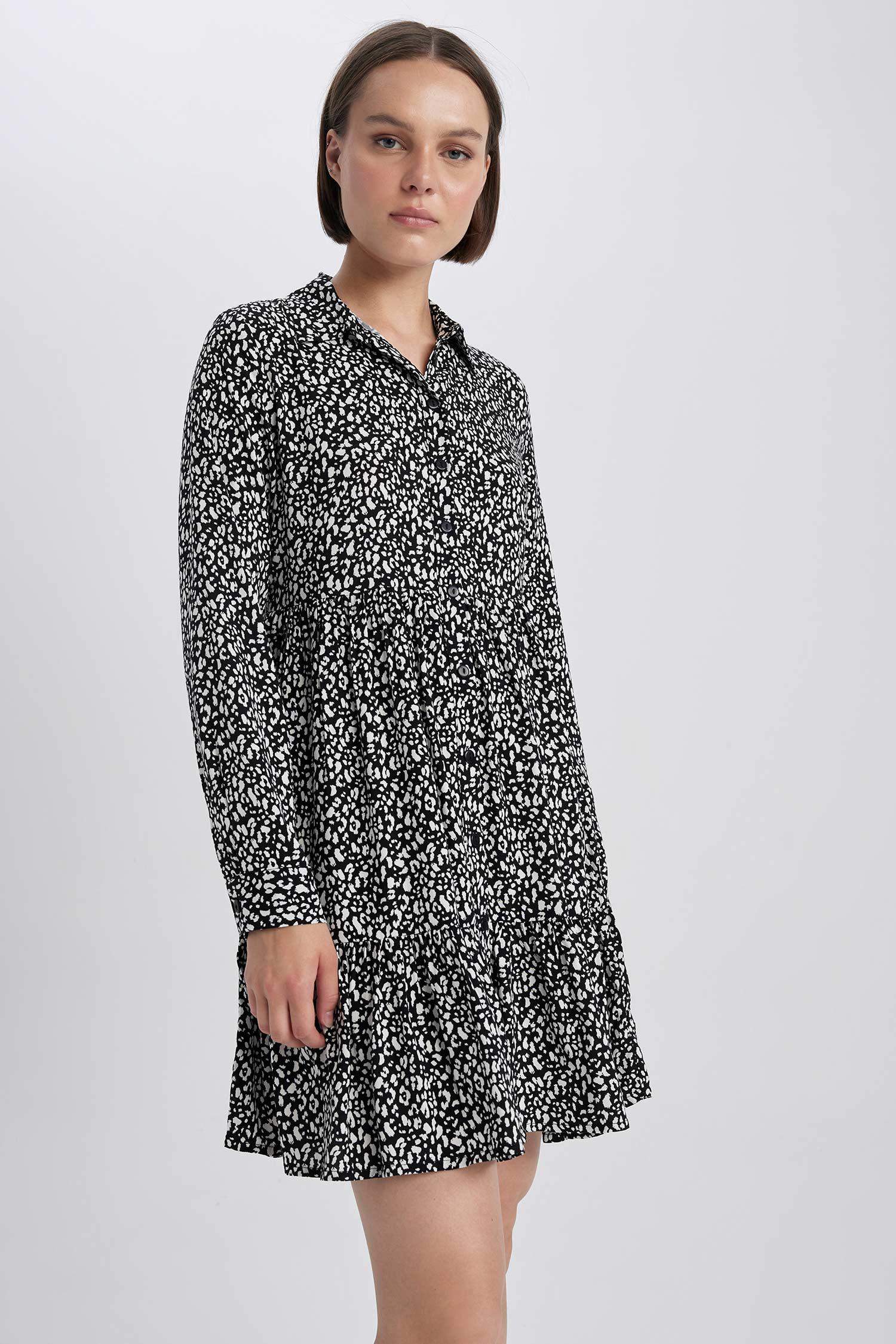 Shirt Collar Patterned Long Sleeve Mini Dress