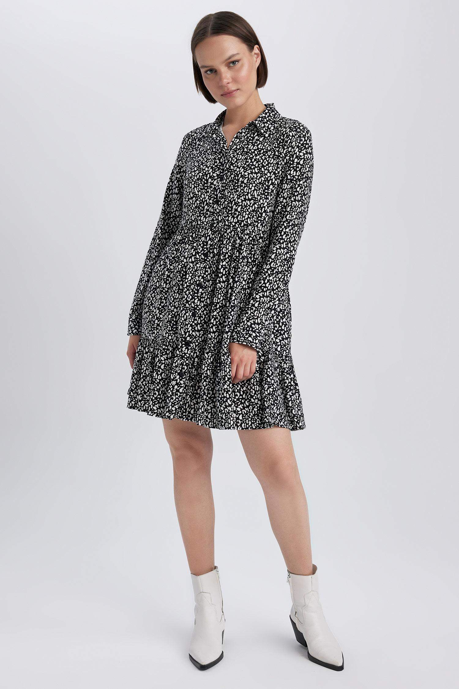 Shirt Collar Patterned Long Sleeve Mini Dress