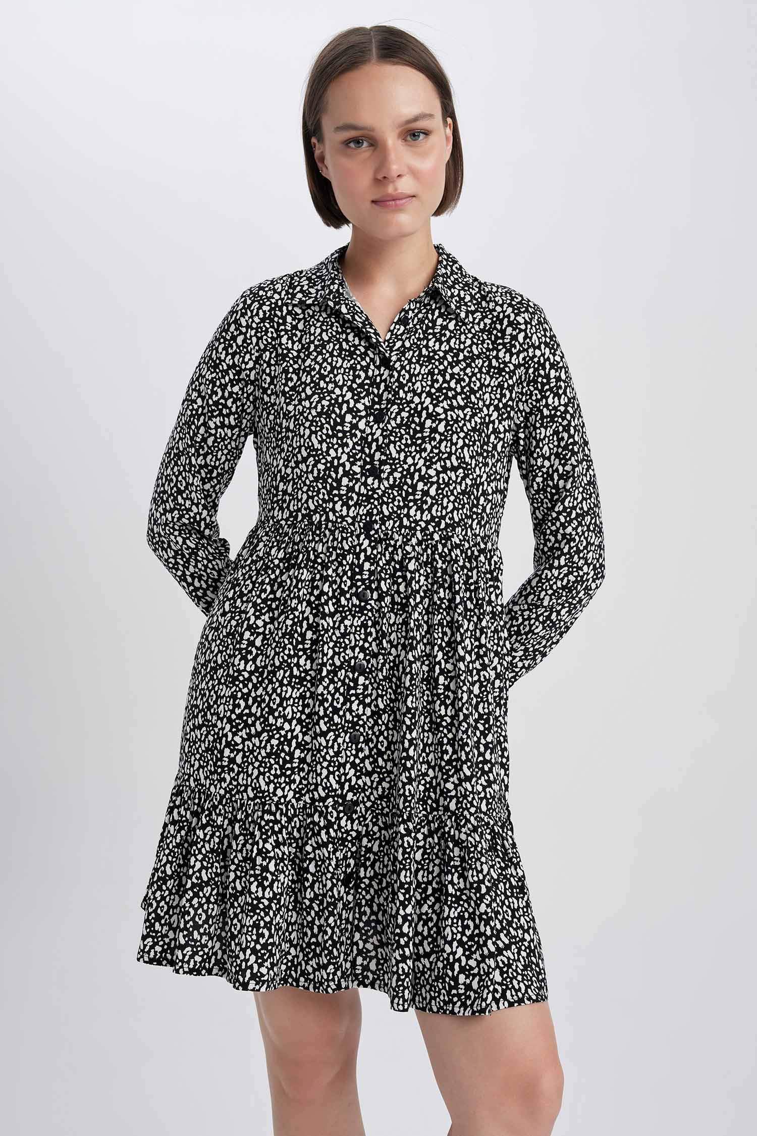 Shirt Collar Patterned Long Sleeve Mini Dress