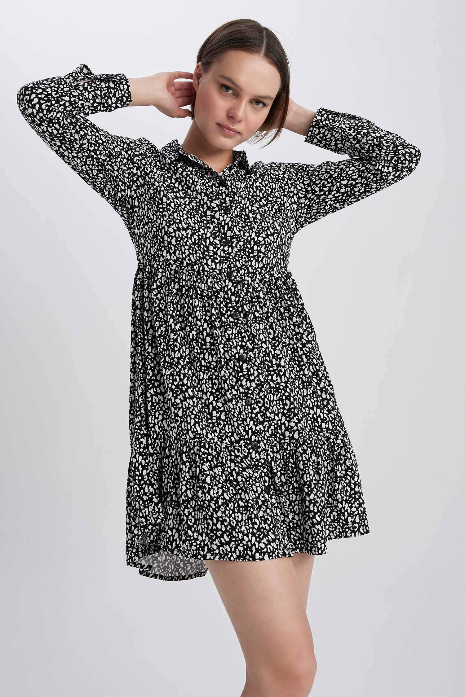Shirt Collar Patterned Long Sleeve Mini Dress