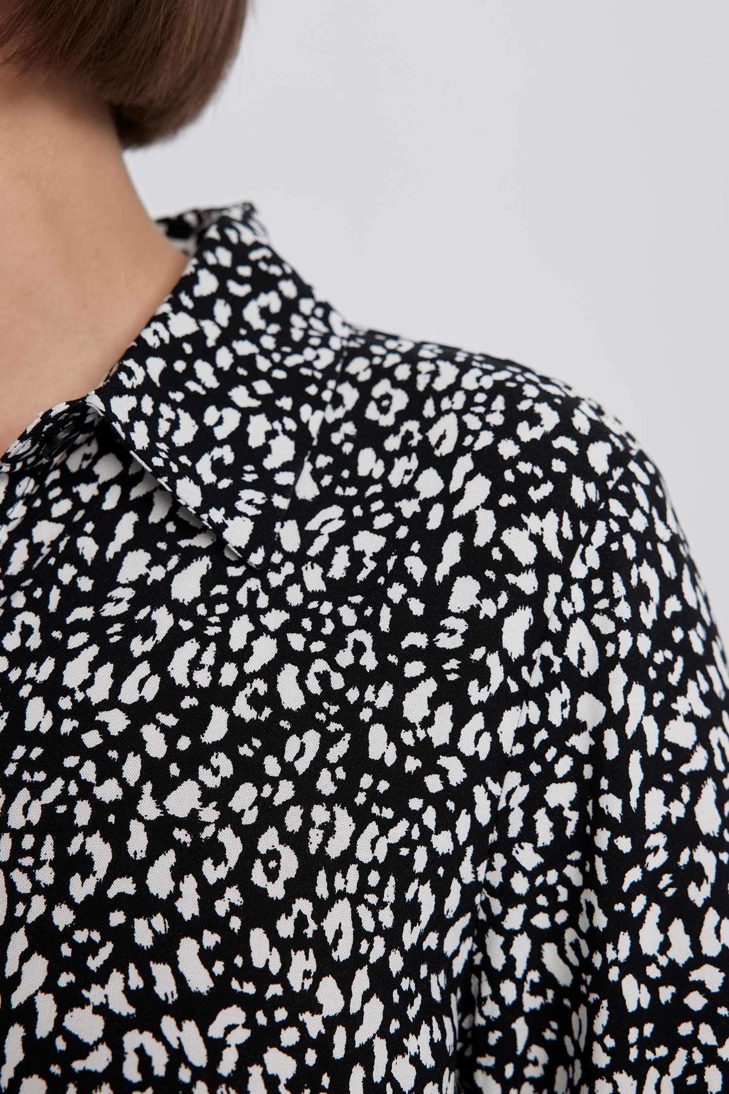 Shirt Collar Patterned Long Sleeve Mini Dress