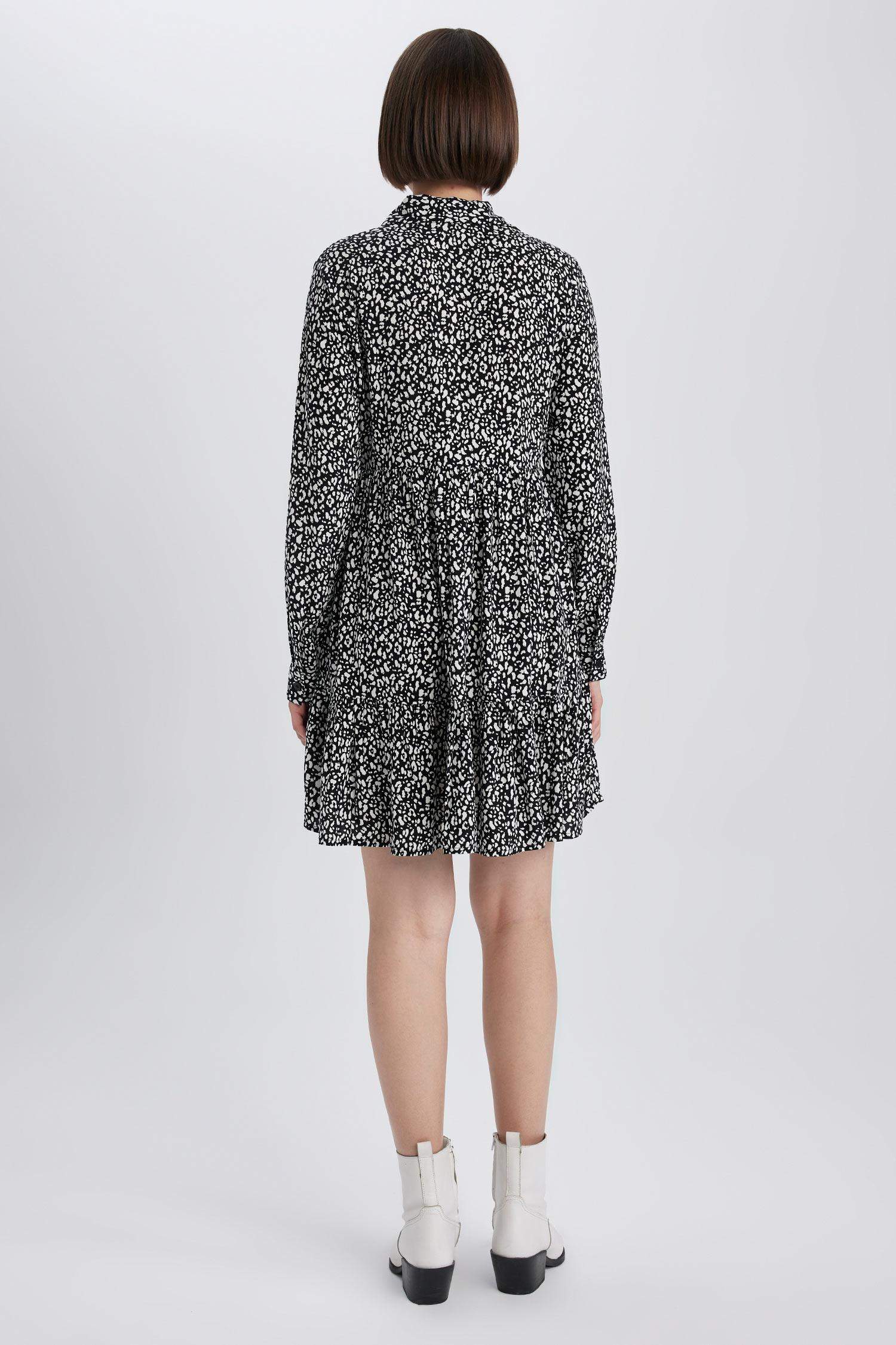 Shirt Collar Patterned Long Sleeve Mini Dress