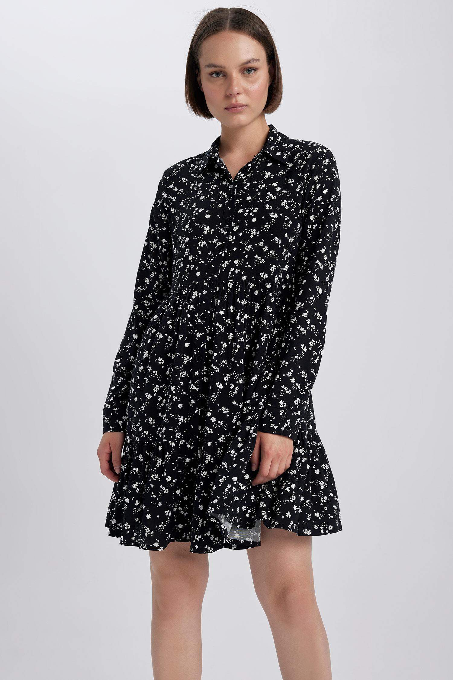 Shirt Collar Patterned Long Sleeve Mini Dress