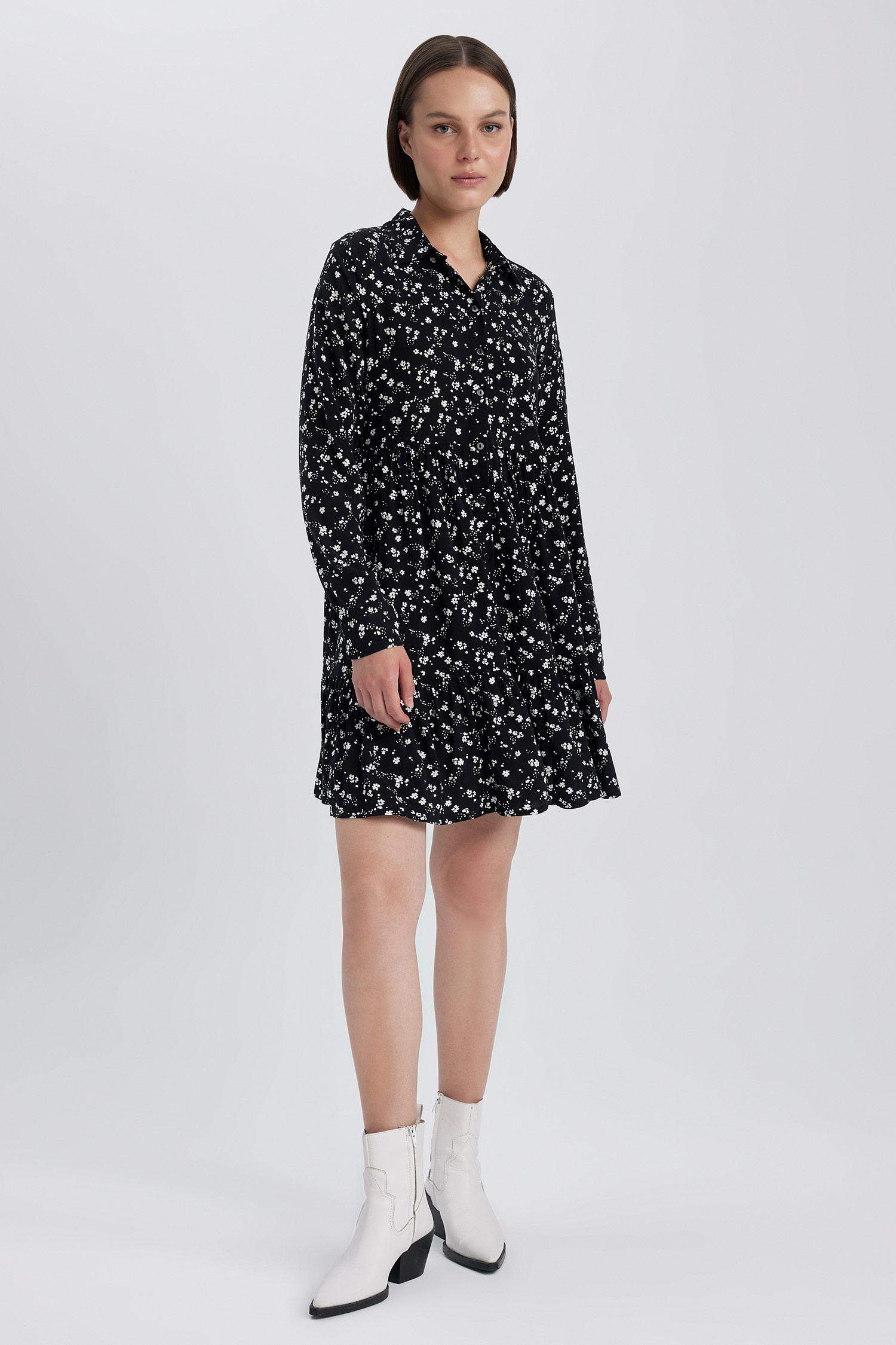 Shirt Collar Patterned Long Sleeve Mini Dress
