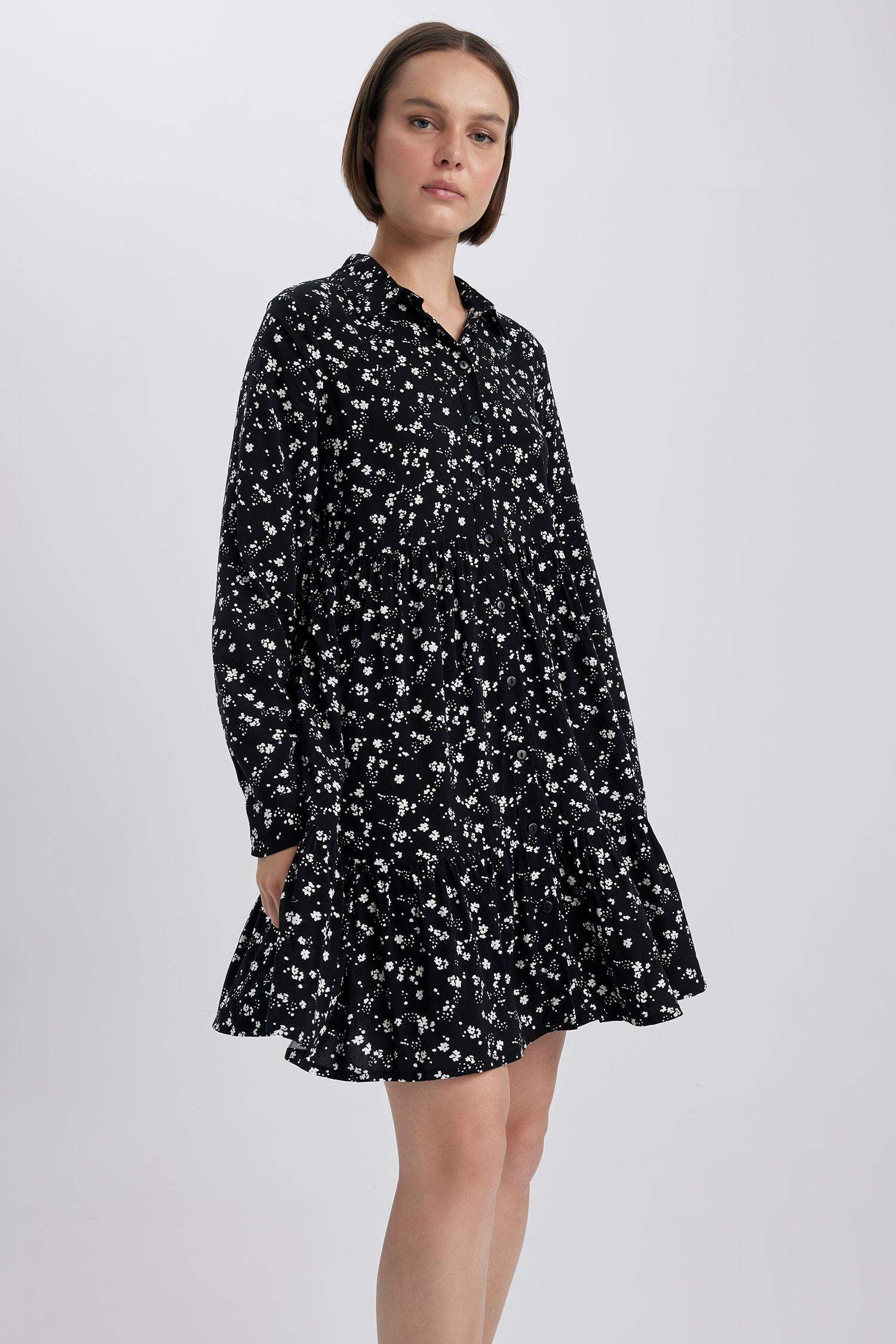 Shirt Collar Patterned Long Sleeve Mini Dress