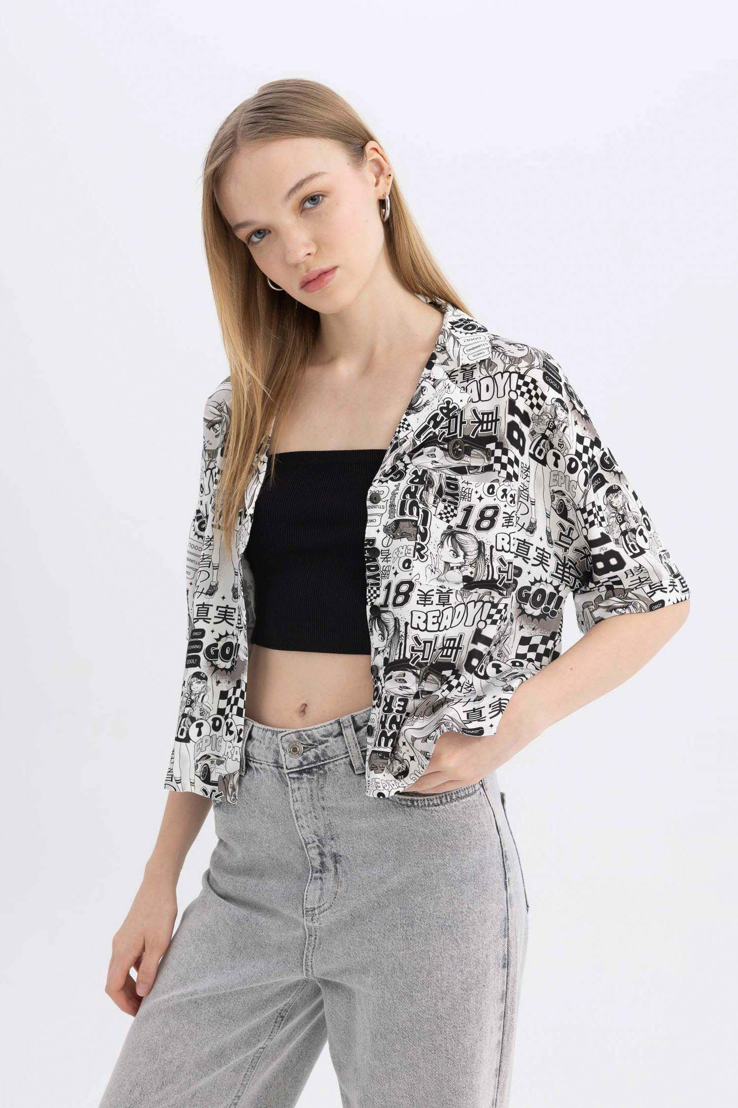 Coool Regular Fit Pajama Collar Printed Short Sleeve Shirt