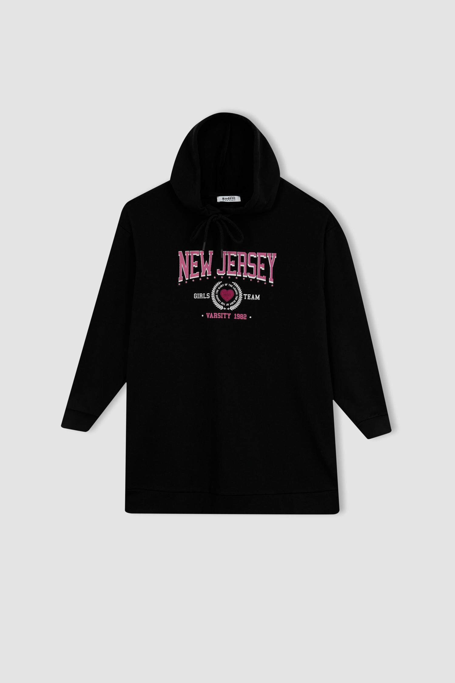 Relax Fit Kapüşonlu Üniversite Baskılı Sweatshirt Tunik