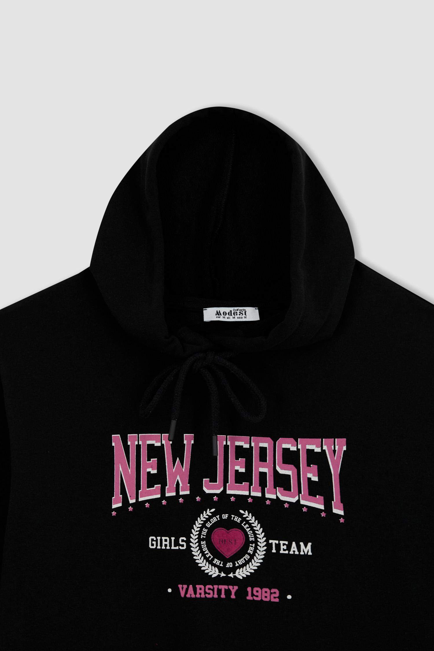 Relax Fit Kapüşonlu Üniversite Baskılı Sweatshirt Tunik