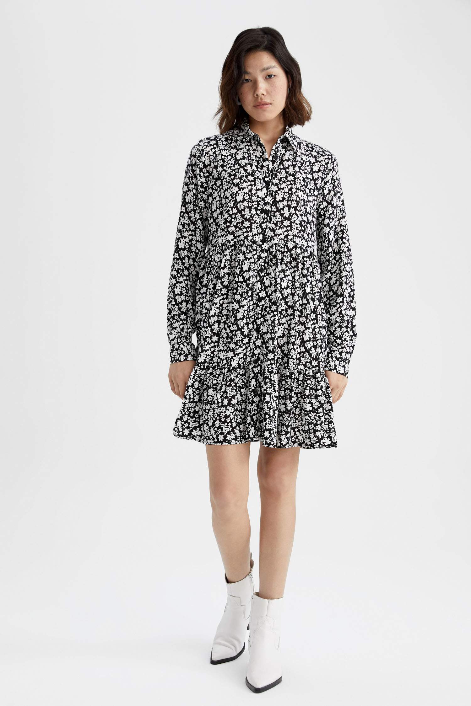 Shirt Collar Patterned Long Sleeve Mini Dress