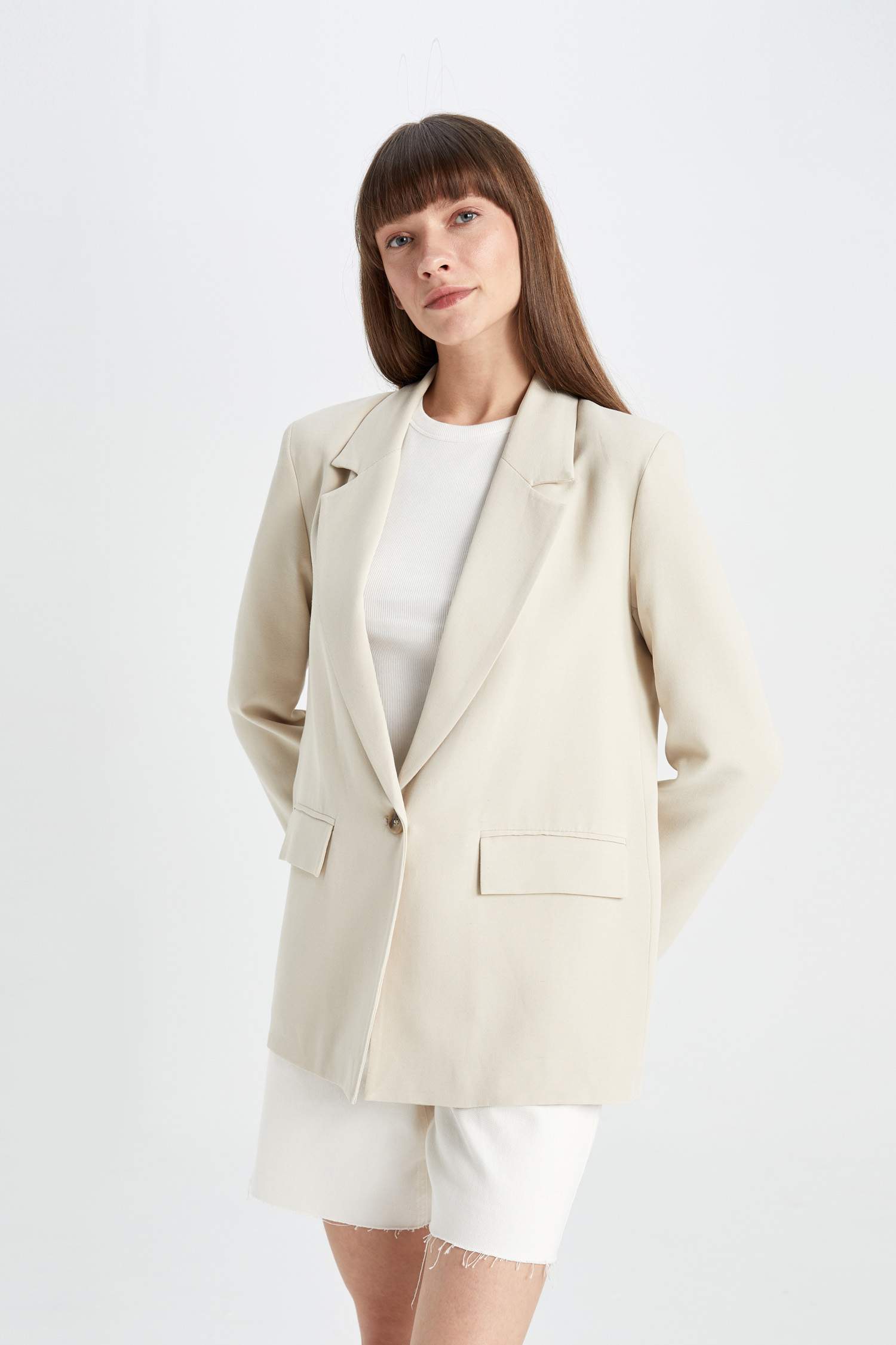 Oversize Fit Linen Blend Blazer Jacket