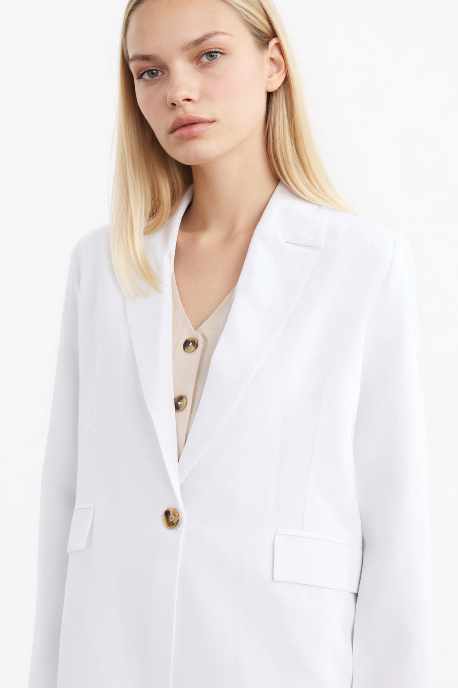 DeFacto Oversize Geniş Kalıp Keten Karışımlı Beyaz Blazer Ceket görsel 3