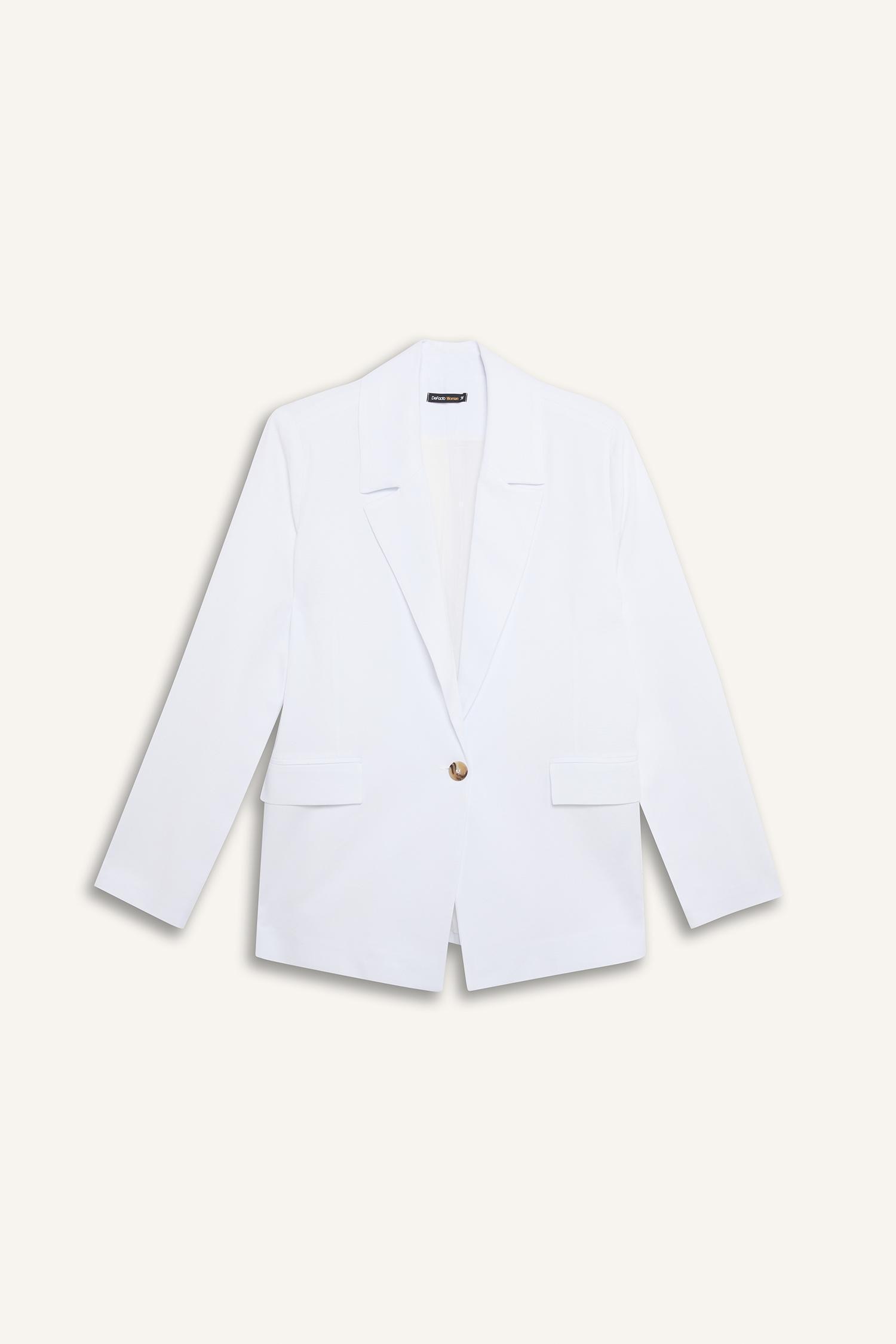 DeFacto Oversize Geniş Kalıp Keten Karışımlı Beyaz Blazer Ceket görsel 8
