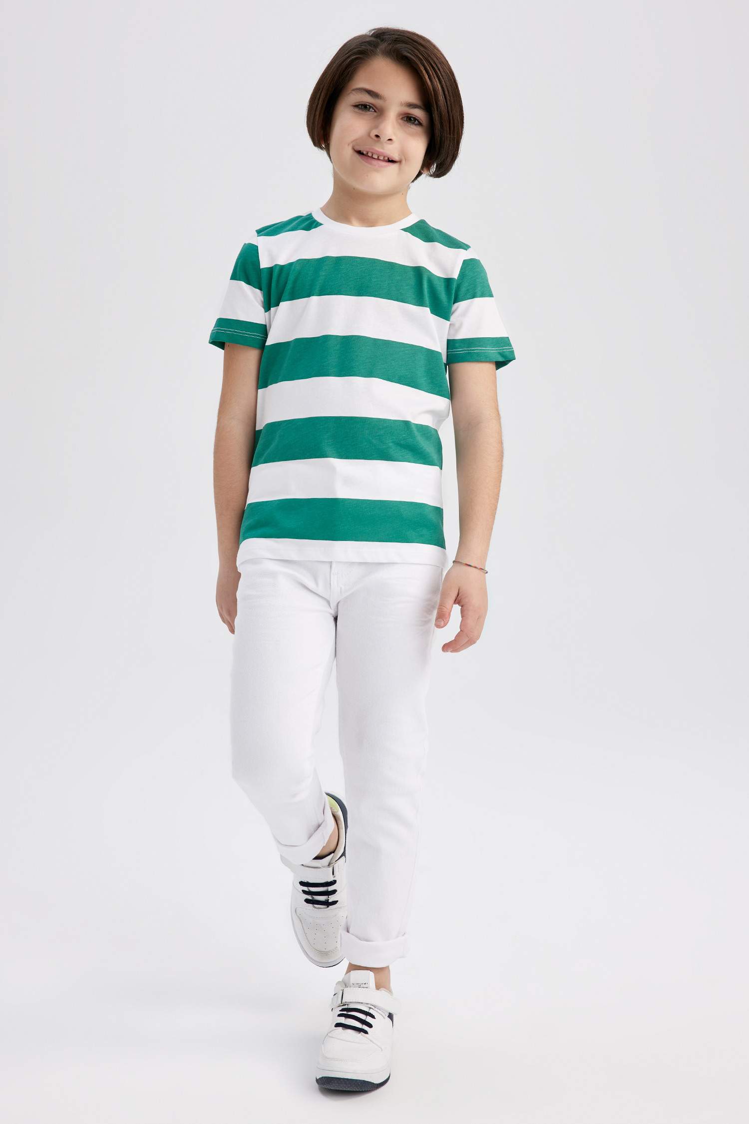 Ұлдарға дөңгелек жаға жолақ қысқа жеңді Қысқа жеңді футболка