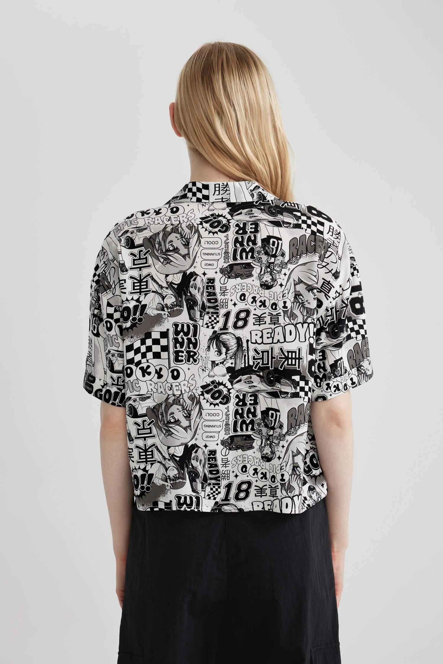 Patterned Pajama Collar Short Sleeve Shirt