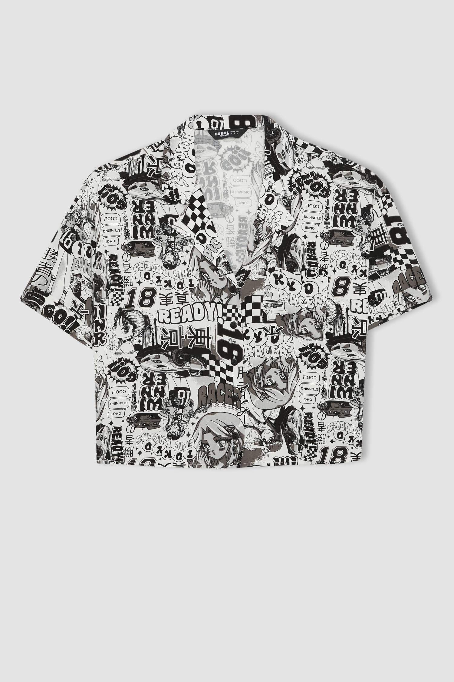 Patterned Pajama Collar Short Sleeve Shirt